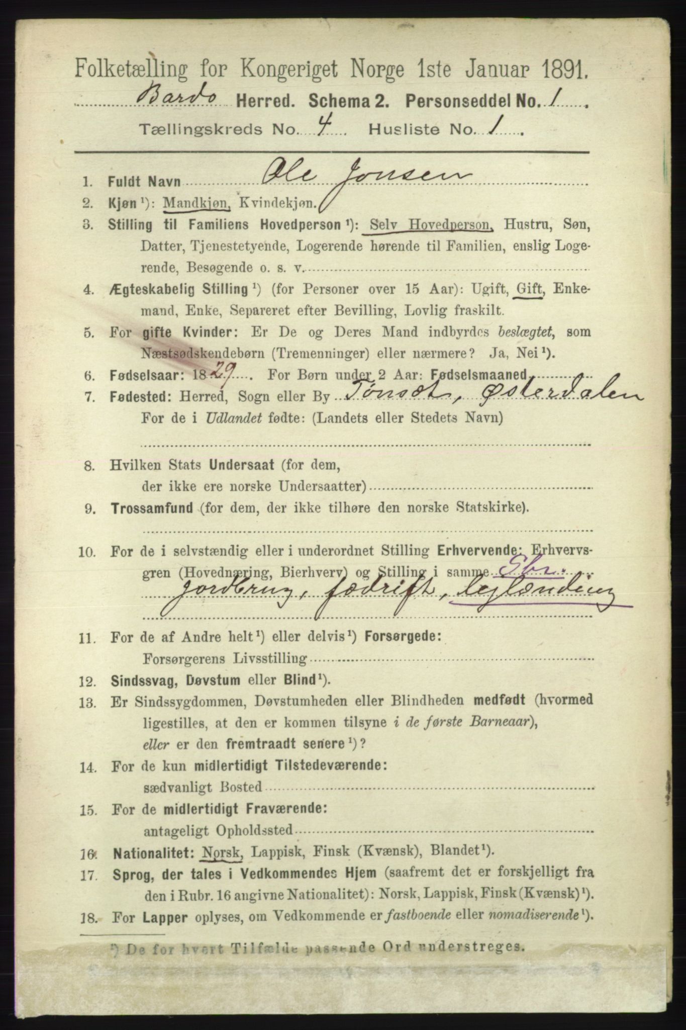 RA, 1891 census for 1922 Bardu, 1891, p. 1328