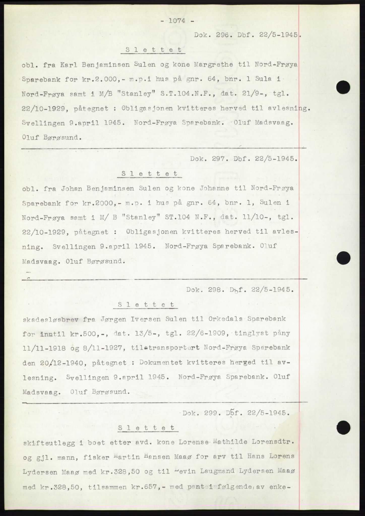 Hitra sorenskriveri, AV/SAT-A-0018/2/2C/2Ca: Mortgage book no. C1, 1936-1945, Diary no: : 296/1945