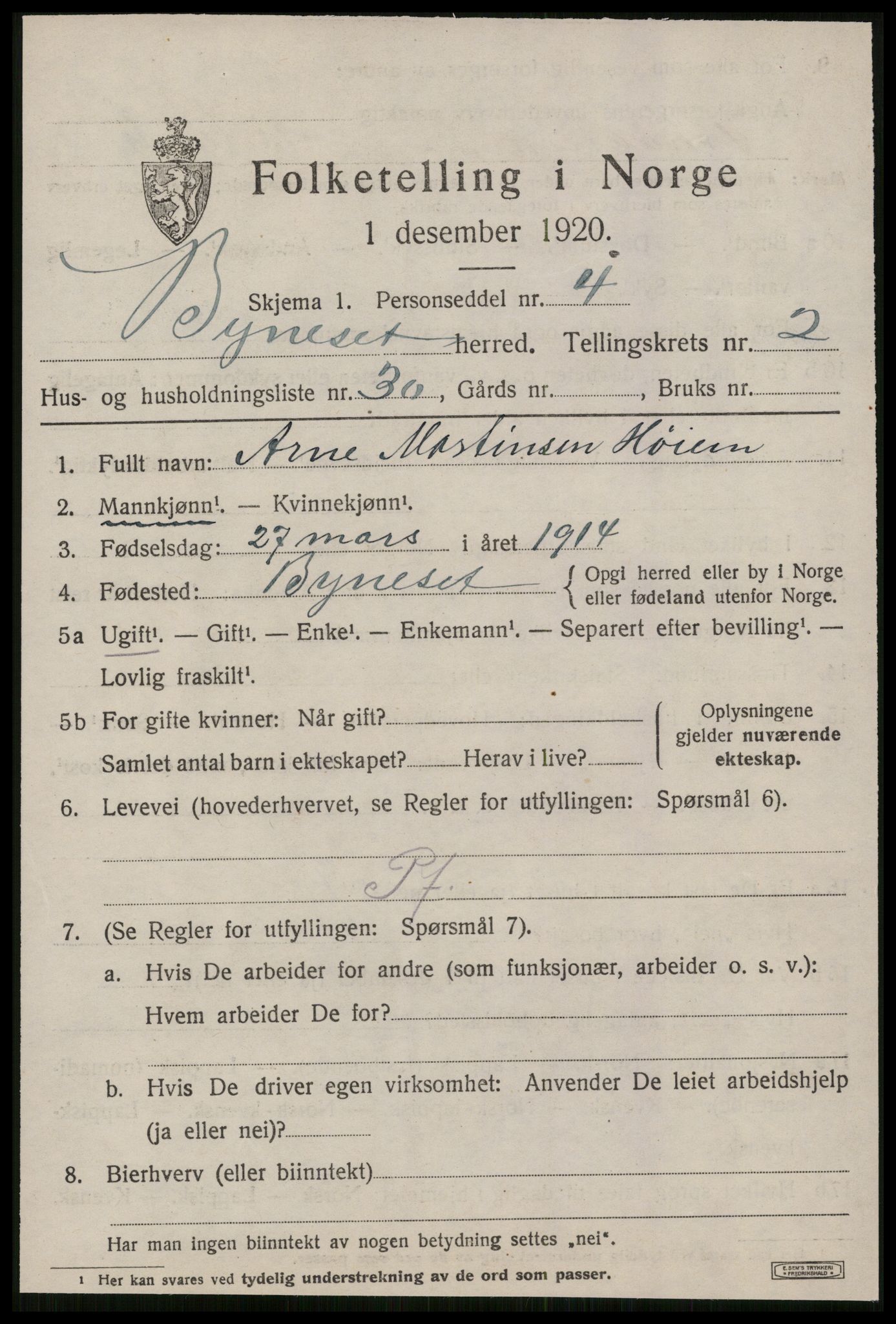 SAT, 1920 census for Byneset, 1920, p. 1624