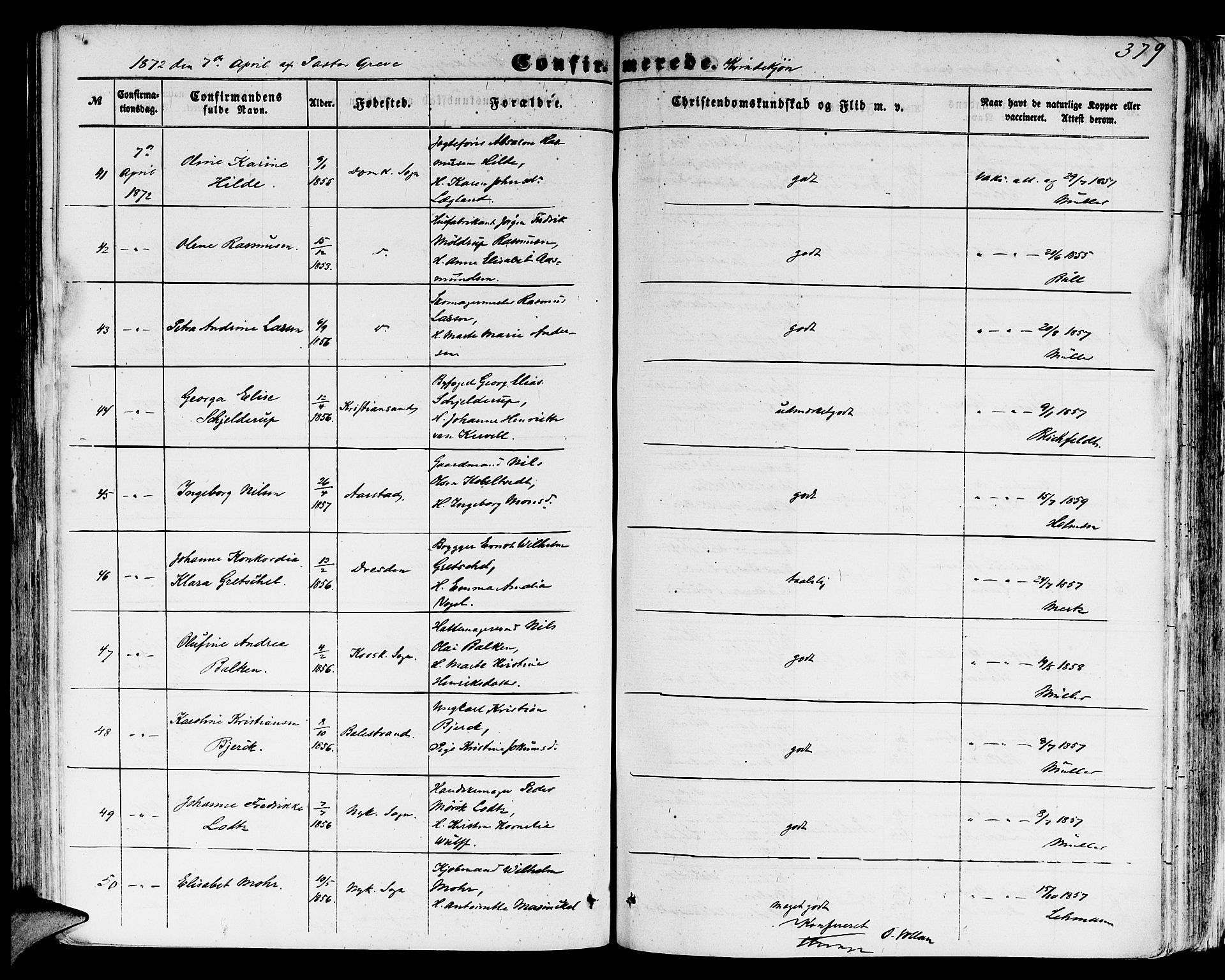 Domkirken sokneprestembete, AV/SAB-A-74801/H/Hab/L0023: Parish register (copy) no. C 3, 1854-1880, p. 379