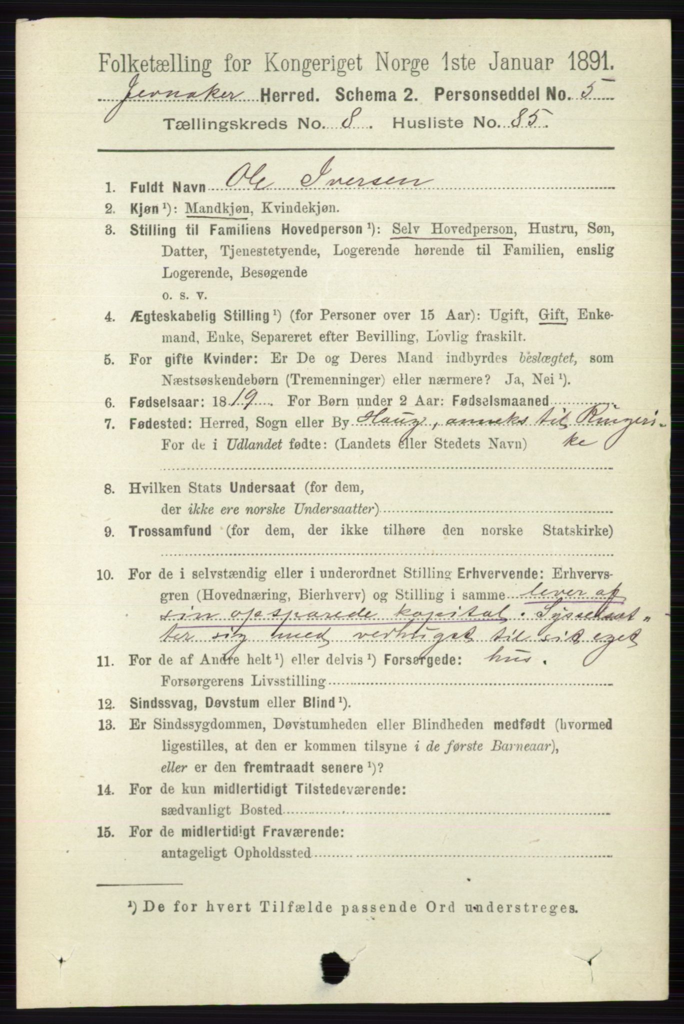 RA, 1891 census for 0532 Jevnaker, 1891, p. 4873