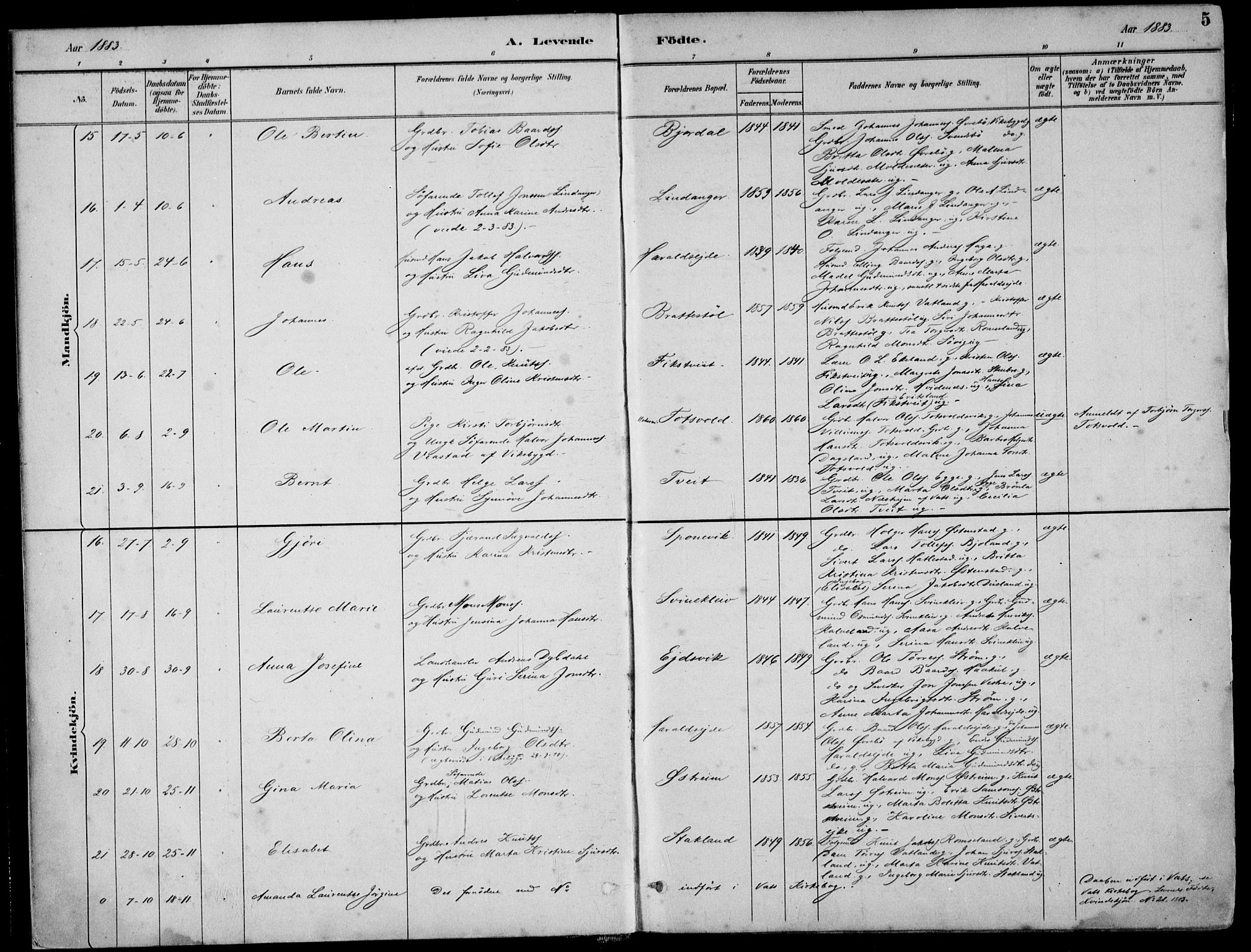 Skjold sokneprestkontor, AV/SAST-A-101847/H/Ha/Haa/L0010: Parish register (official) no. A 10, 1882-1897, p. 5
