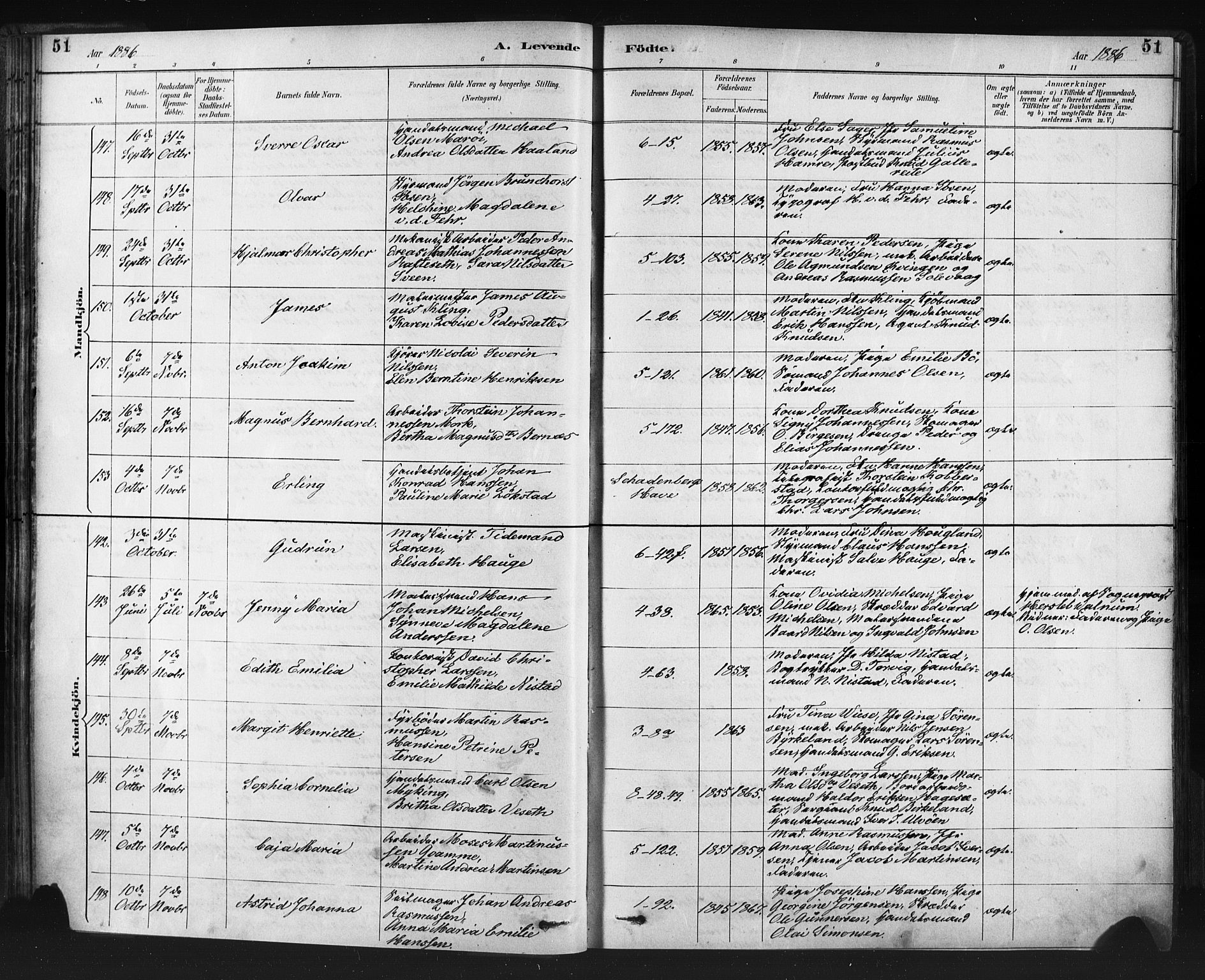 Nykirken Sokneprestembete, AV/SAB-A-77101/H/Haa: Parish register (official) no. B 5, 1885-1894, p. 51