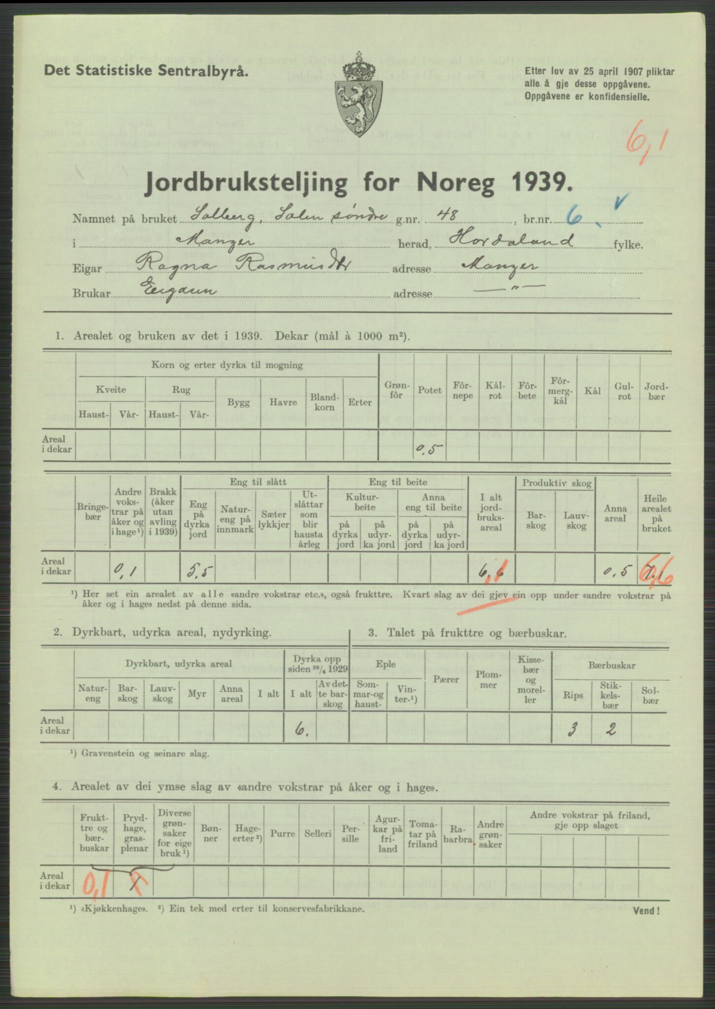 Statistisk sentralbyrå, Næringsøkonomiske emner, Jordbruk, skogbruk, jakt, fiske og fangst, AV/RA-S-2234/G/Gb/L0211: Hordaland: Herdla, Hjelme og Manger, 1939, p. 1453