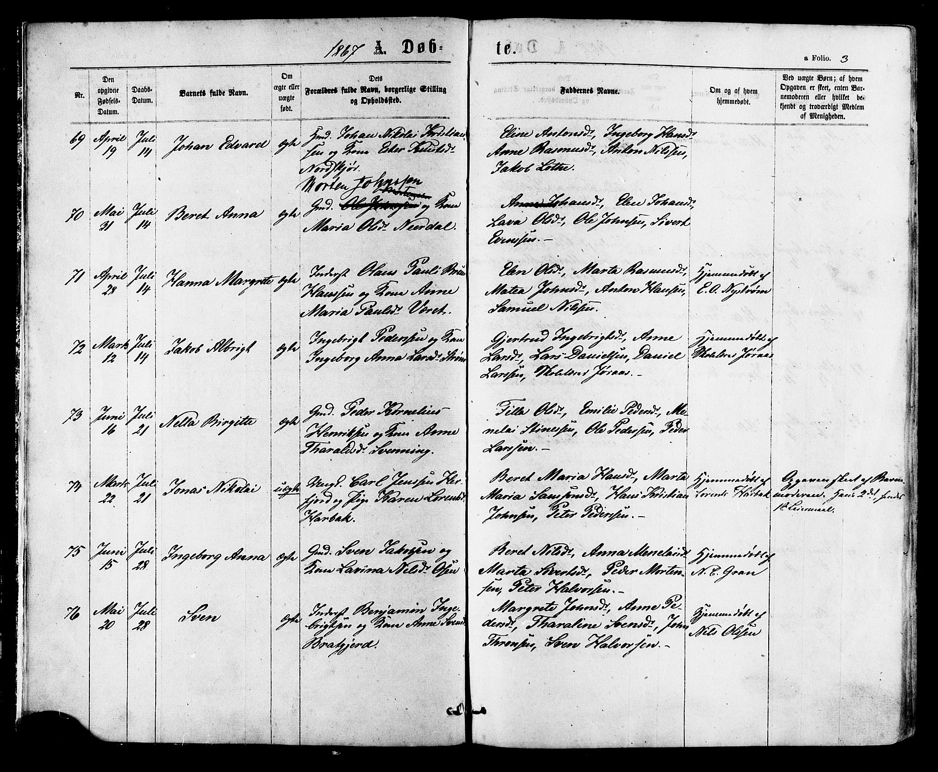 Ministerialprotokoller, klokkerbøker og fødselsregistre - Sør-Trøndelag, SAT/A-1456/657/L0706: Parish register (official) no. 657A07, 1867-1878, p. 3