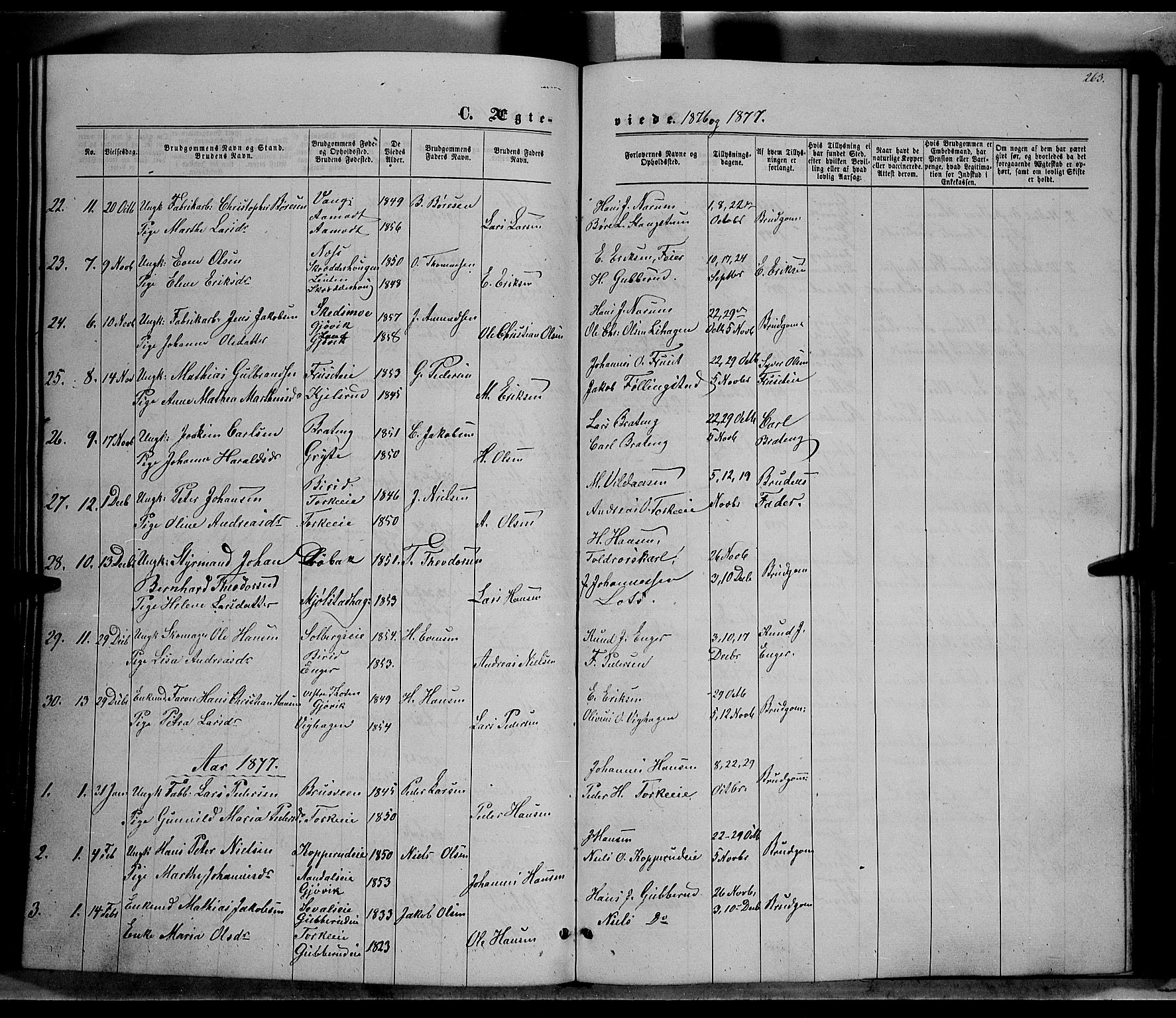Vardal prestekontor, SAH/PREST-100/H/Ha/Hab/L0006: Parish register (copy) no. 6, 1869-1881, p. 263
