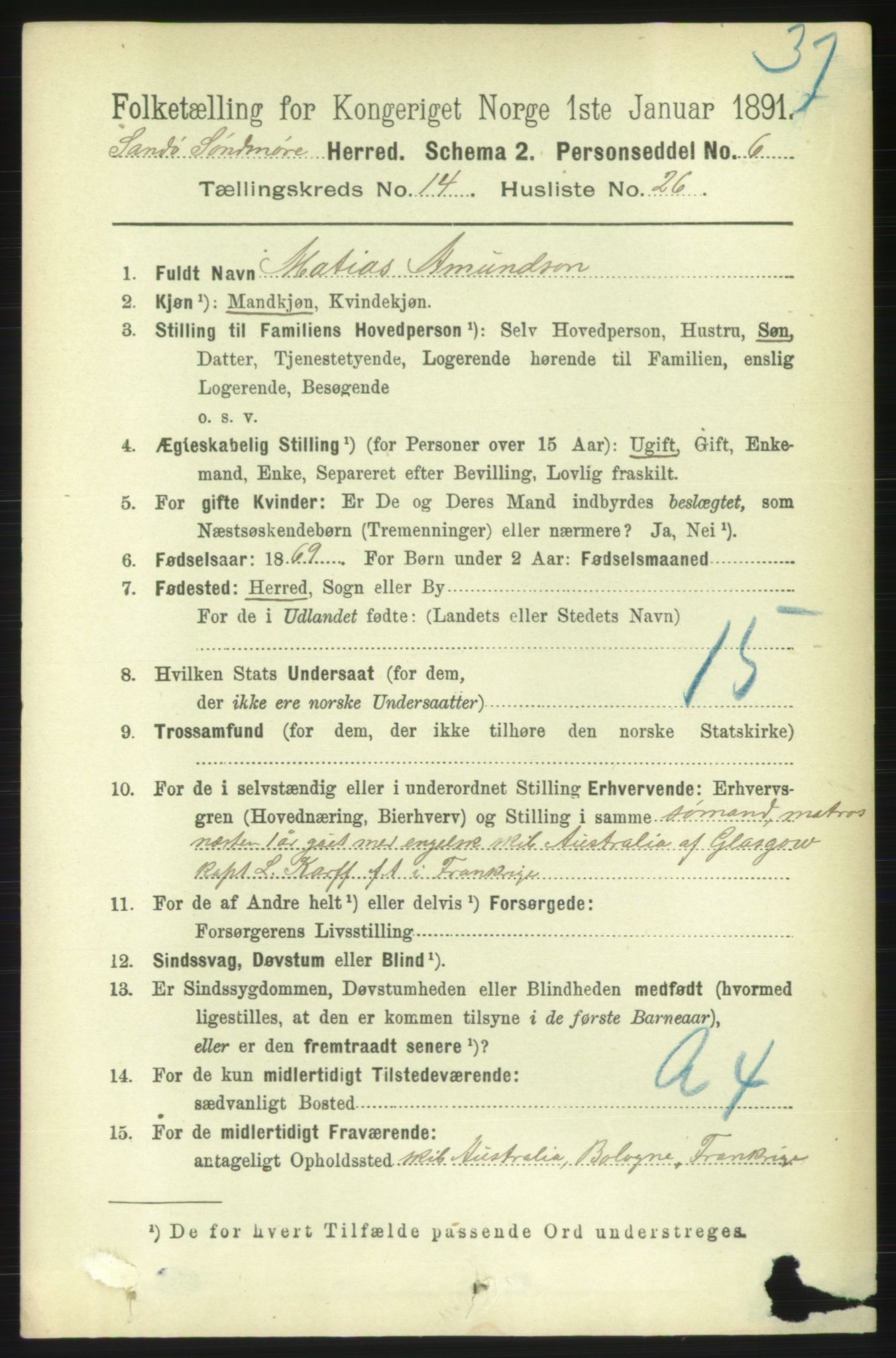 RA, 1891 census for 1514 Sande, 1891, p. 2988