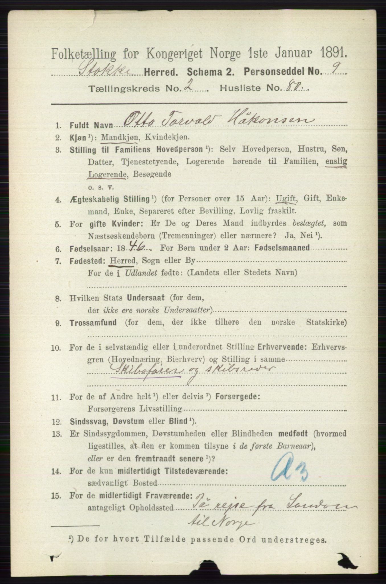 RA, 1891 census for 0720 Stokke, 1891, p. 1432