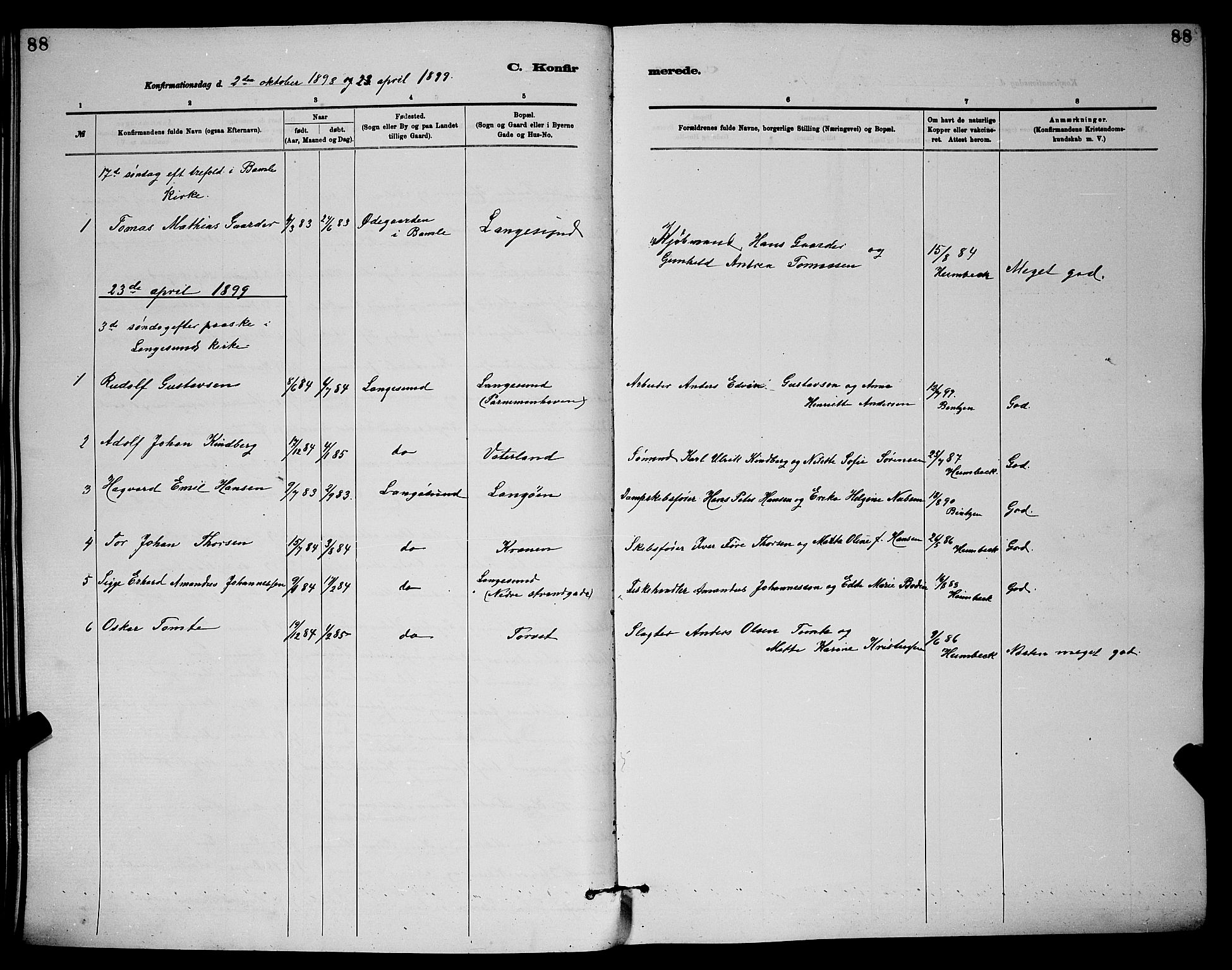 Langesund kirkebøker, SAKO/A-280/G/Ga/L0005: Parish register (copy) no. 5, 1884-1898, p. 88