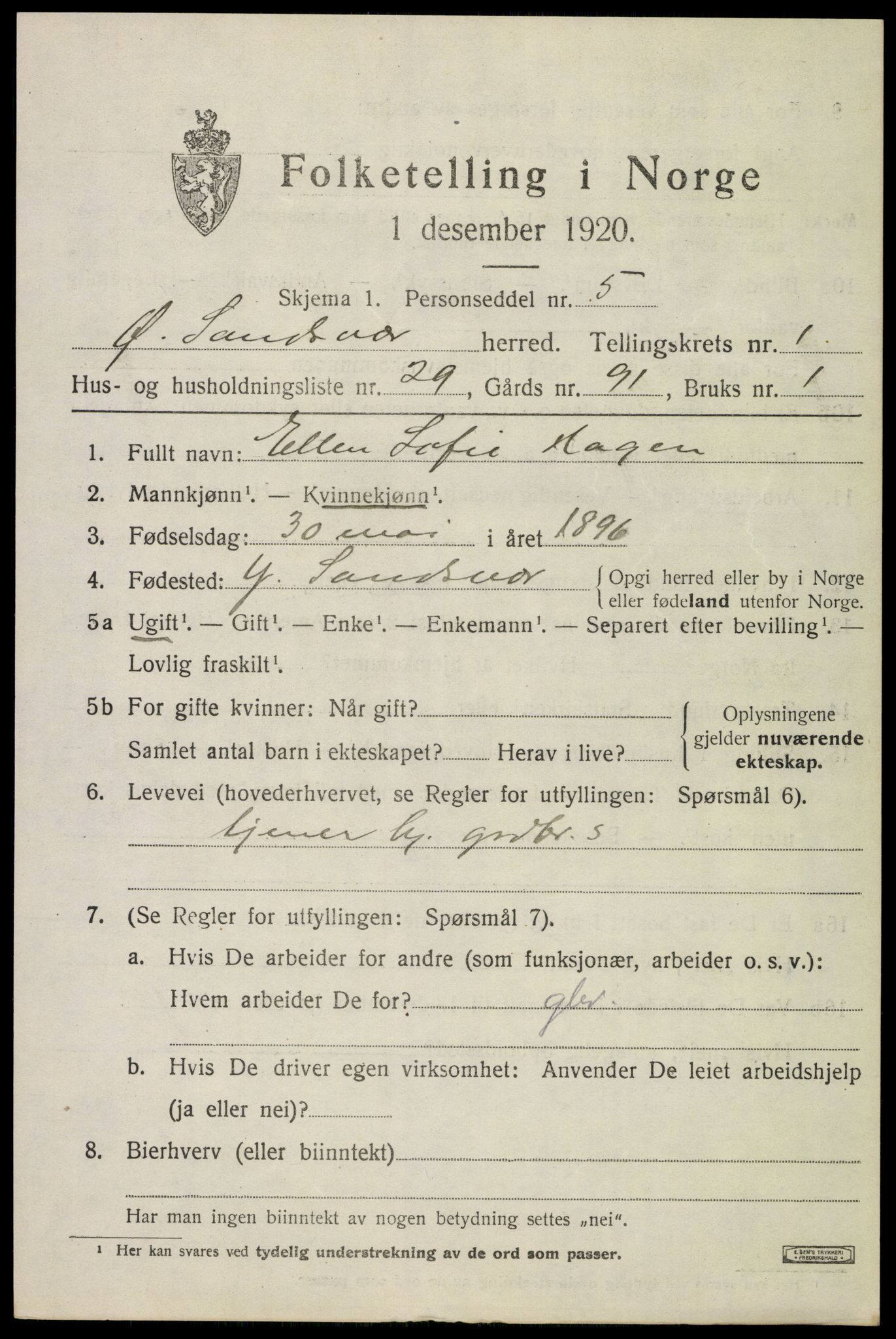 SAKO, 1920 census for Øvre Sandsvær, 1920, p. 1286