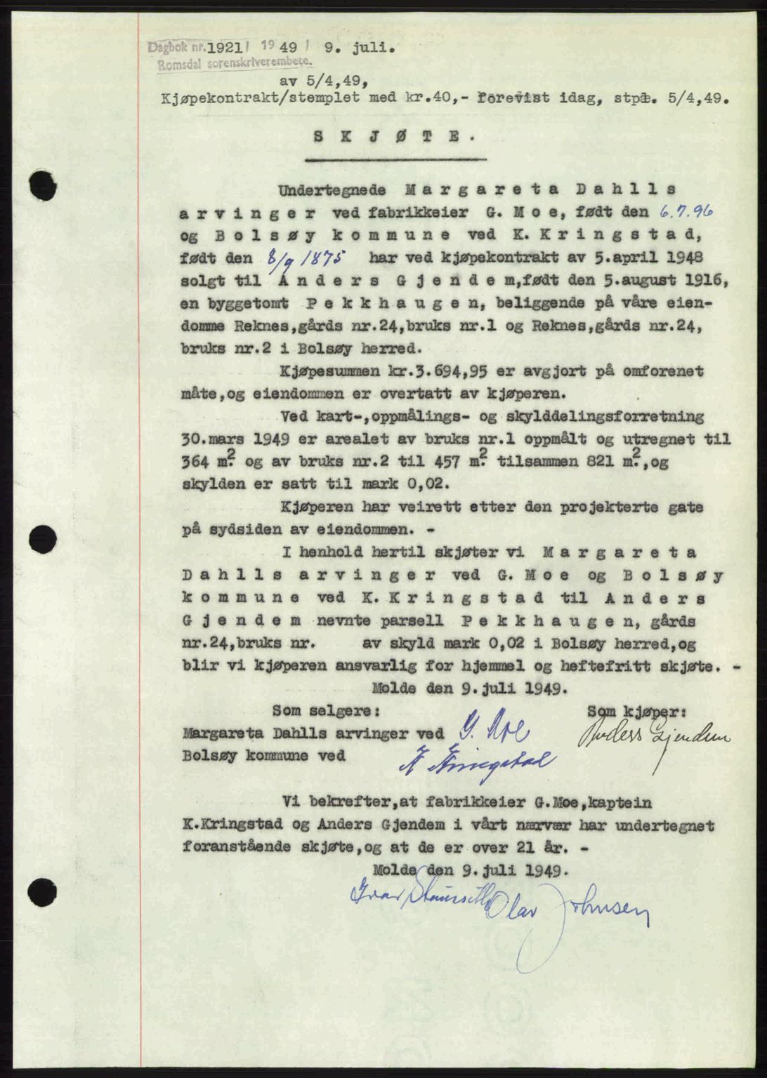 Romsdal sorenskriveri, AV/SAT-A-4149/1/2/2C: Mortgage book no. A30, 1949-1949, Diary no: : 1921/1949