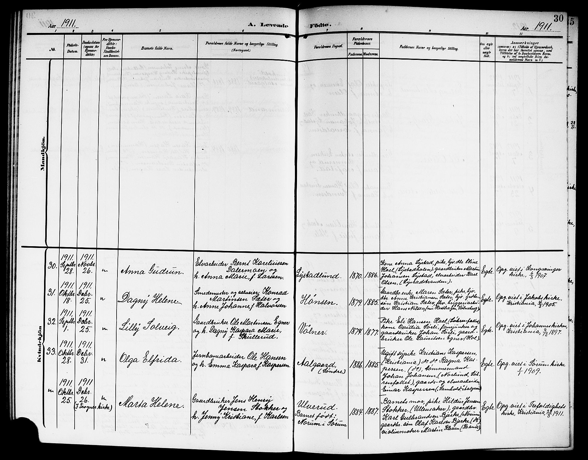 Sørum prestekontor Kirkebøker, AV/SAO-A-10303/G/Ga/L0007: Parish register (copy) no. I 7, 1907-1917, p. 30