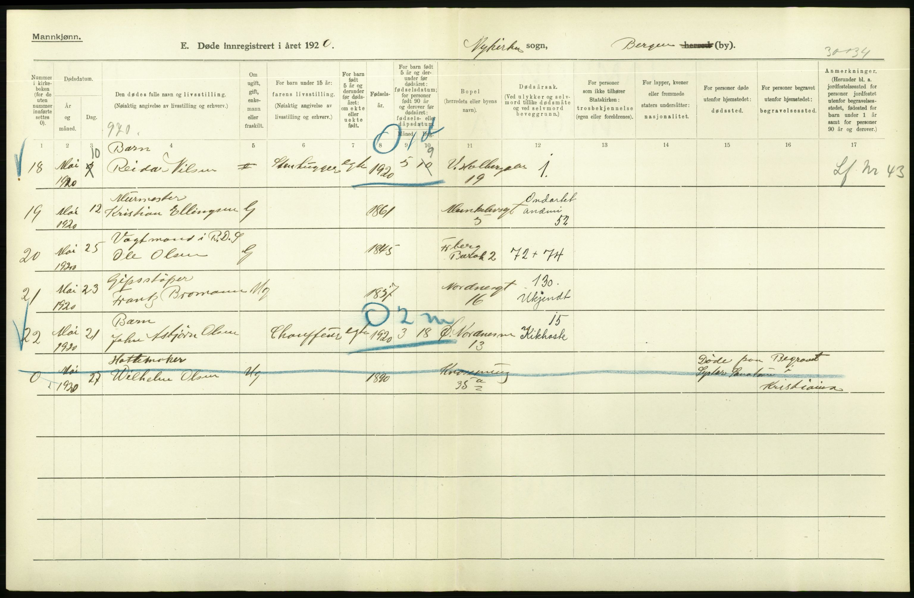 Statistisk sentralbyrå, Sosiodemografiske emner, Befolkning, AV/RA-S-2228/D/Df/Dfb/Dfbj/L0042: Bergen: Gifte, døde, dødfødte., 1920, p. 534