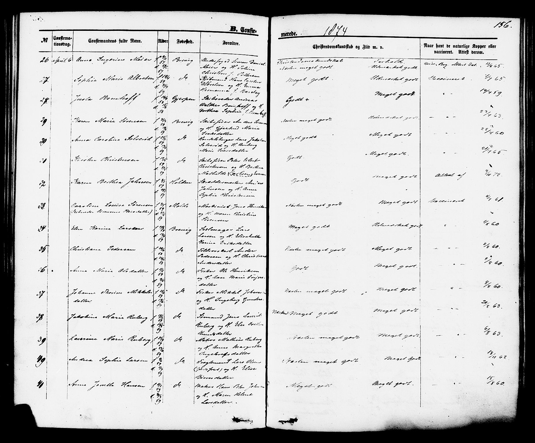 Brevik kirkebøker, SAKO/A-255/F/Fa/L0006: Parish register (official) no. 6, 1866-1881, p. 156
