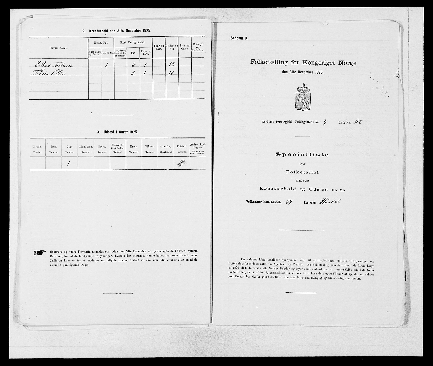 SAB, 1875 census for 1421P Aurland, 1875, p. 518