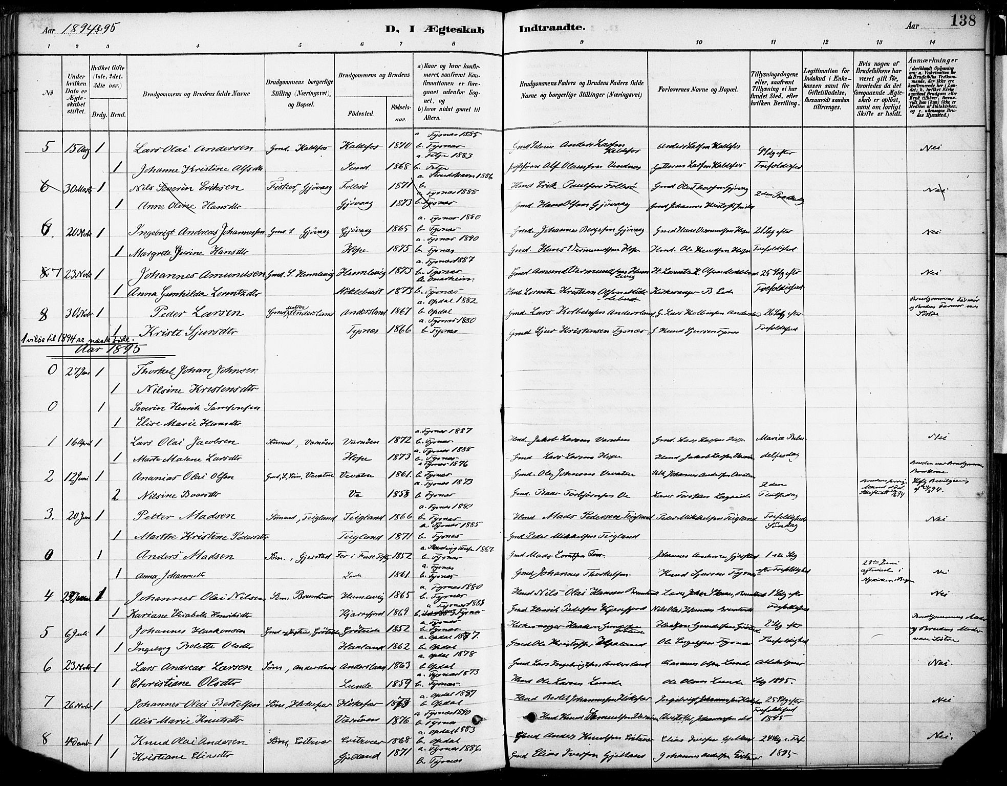 Tysnes sokneprestembete, SAB/A-78601/H/Haa: Parish register (official) no. B 1, 1887-1906, p. 138