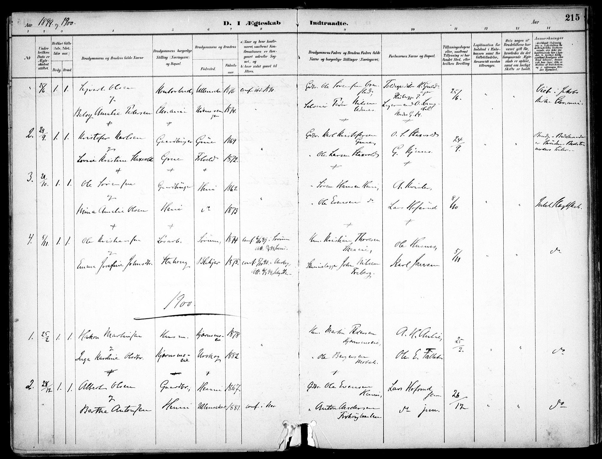 Nes prestekontor Kirkebøker, SAO/A-10410/F/Fc/L0002: Parish register (official) no. IIi 2, 1882-1916, p. 215