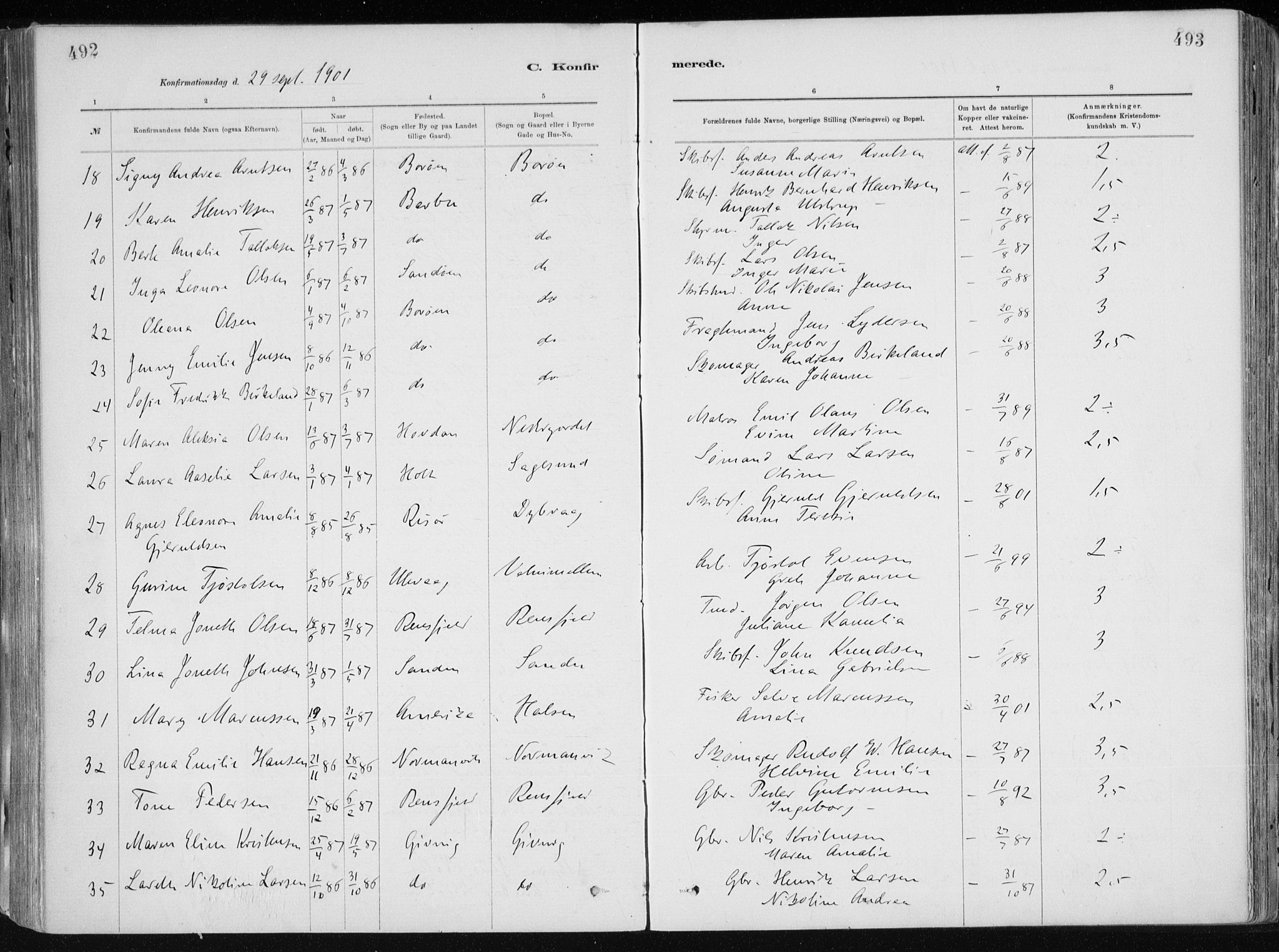 Dypvåg sokneprestkontor, AV/SAK-1111-0007/F/Fa/Faa/L0008: Parish register (official) no. A 8, 1885-1906, p. 492-493