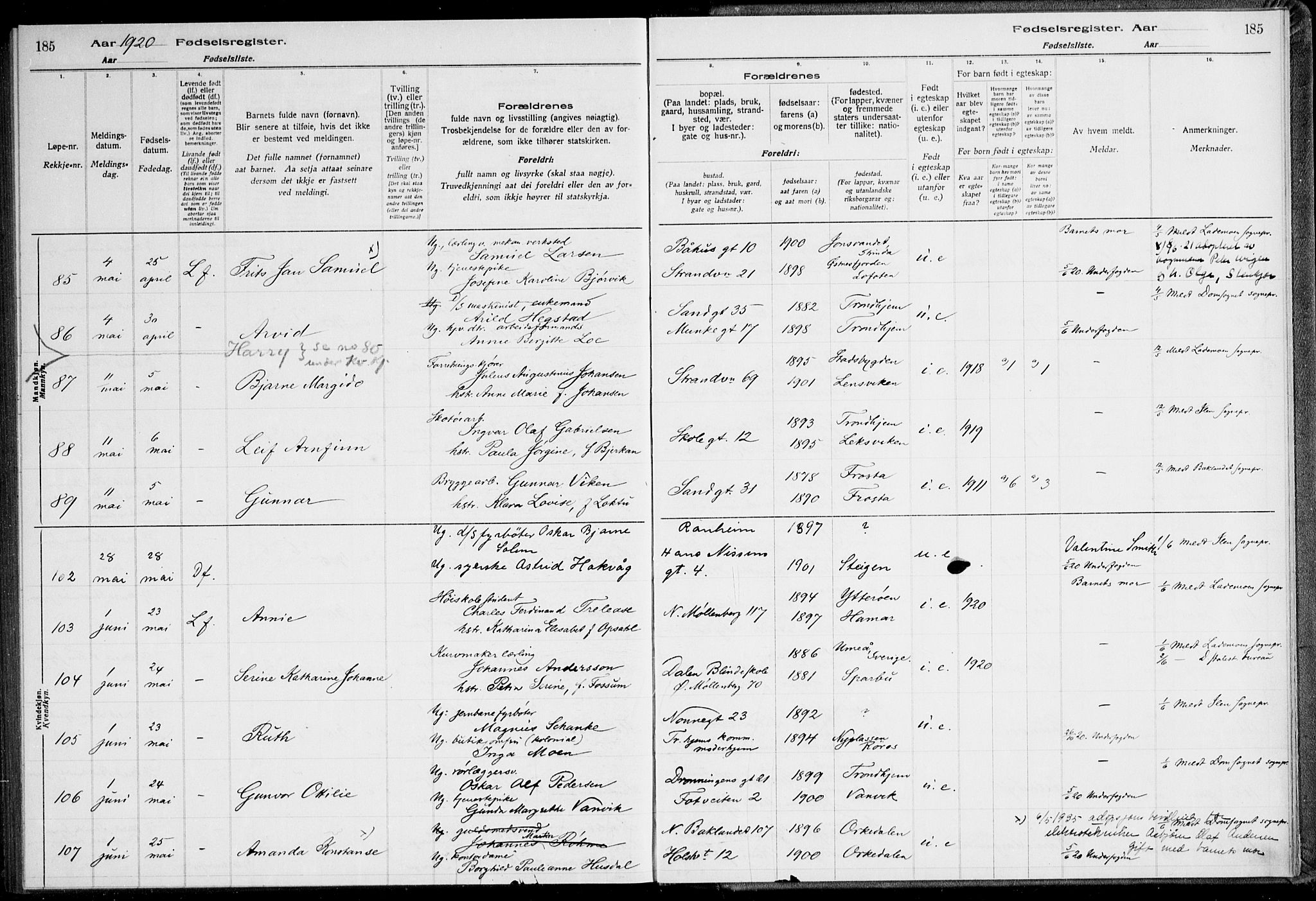 Ministerialprotokoller, klokkerbøker og fødselsregistre - Sør-Trøndelag, SAT/A-1456/600/L0002: Birth register no. 600.II.4.1, 1916-1920, p. 185