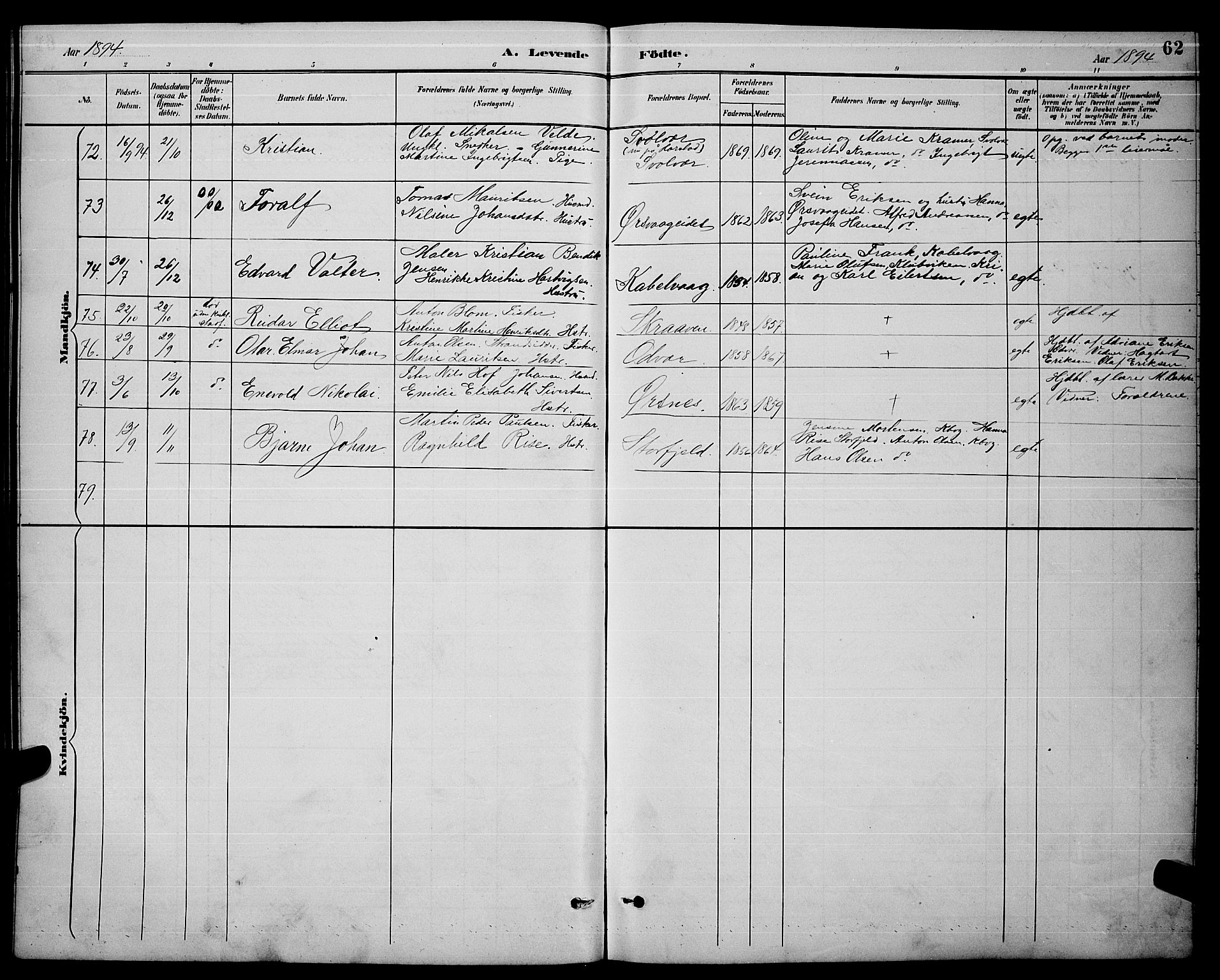 Ministerialprotokoller, klokkerbøker og fødselsregistre - Nordland, AV/SAT-A-1459/874/L1077: Parish register (copy) no. 874C06, 1891-1900, p. 62