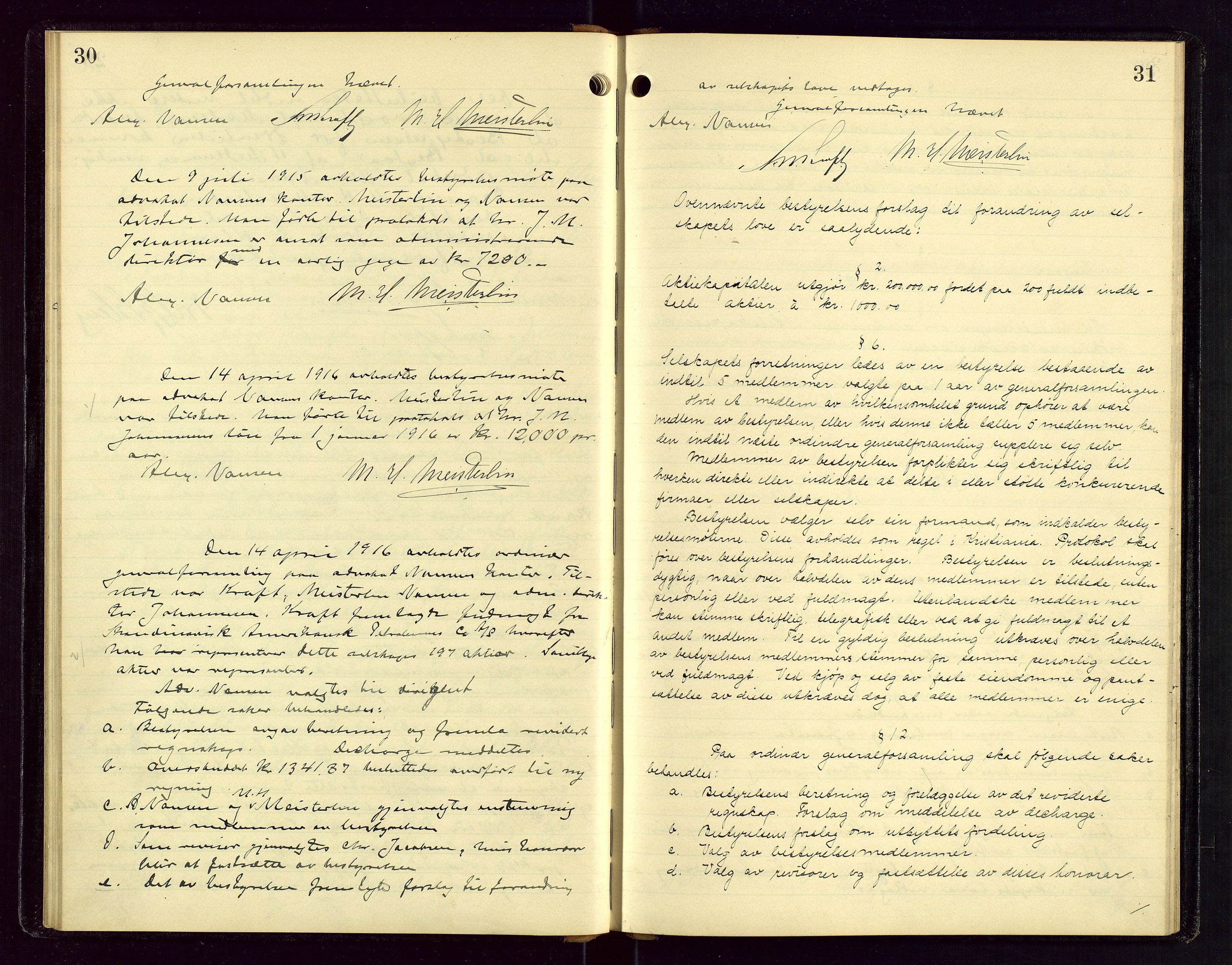 PA 1535 - Norsk-Amerikansk Petroleumscompani A/S, SAST/A-101955/A/Aa/L0001/0001: Styre- og generalforsamlingsprotokoller / Styre - Generalforsamling, 1906-1931, p. 30-31