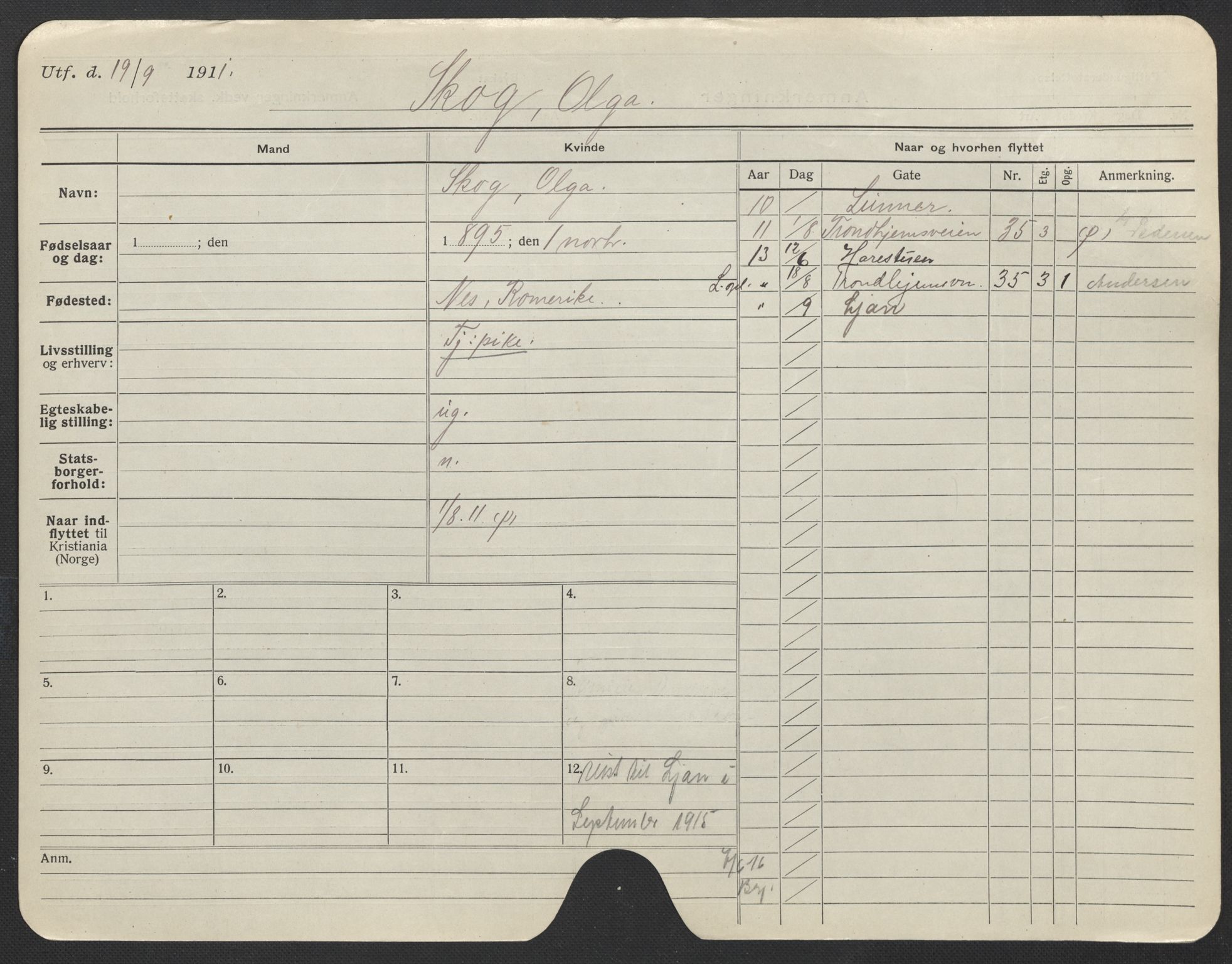 Oslo folkeregister, Registerkort, AV/SAO-A-11715/F/Fa/Fac/L0023: Kvinner, 1906-1914, p. 1073a