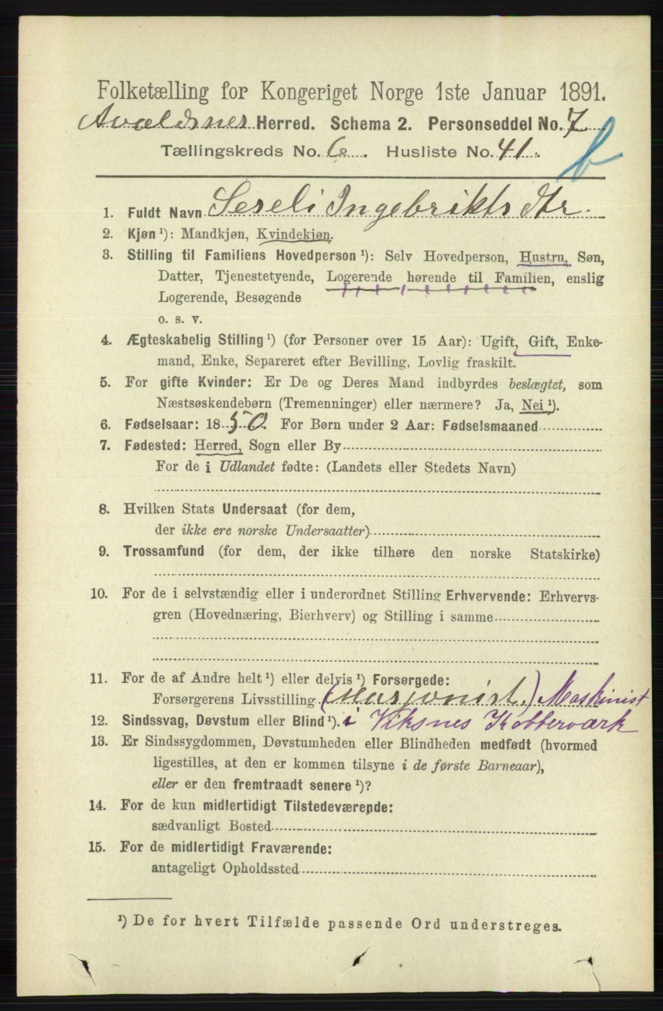 RA, 1891 census for 1147 Avaldsnes, 1891, p. 3472