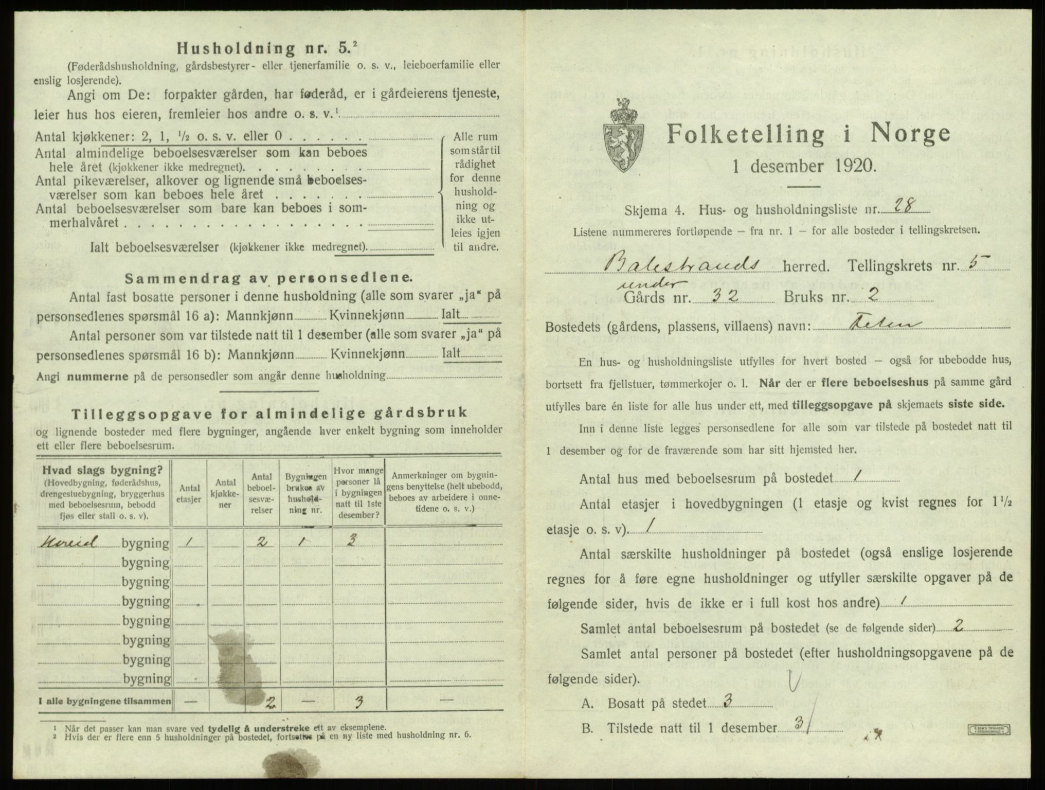 SAB, 1920 census for Balestrand, 1920, p. 395