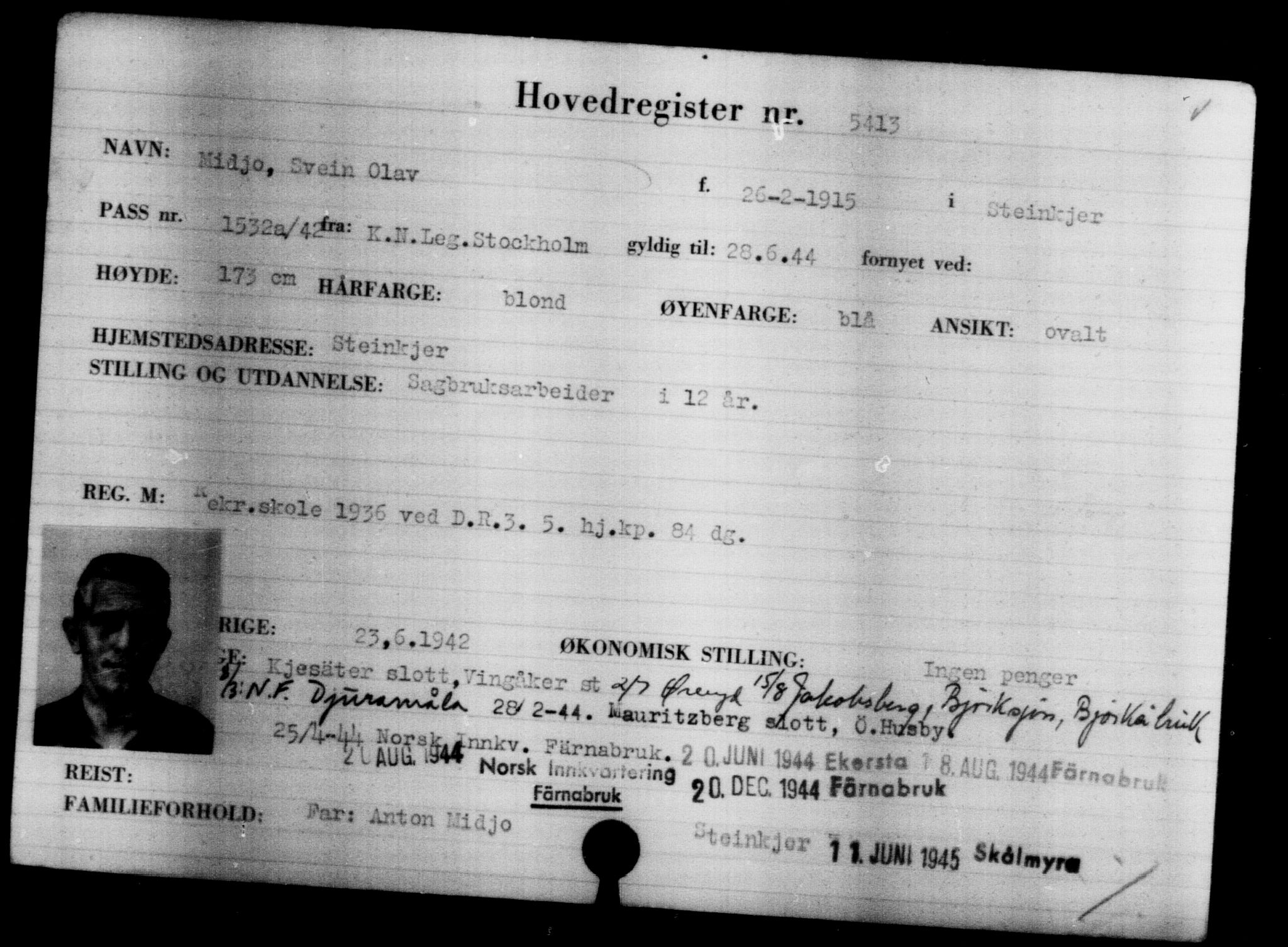 Utenriksstasjonene, Legasjonen i Stockholm, Flyktningkontoret, AV/RA-S-6753/V/Va/L0004: Kjesäterkartoteket, flyktninger med registreringsnr. 3496-6610, 1940-1945, p. 2212
