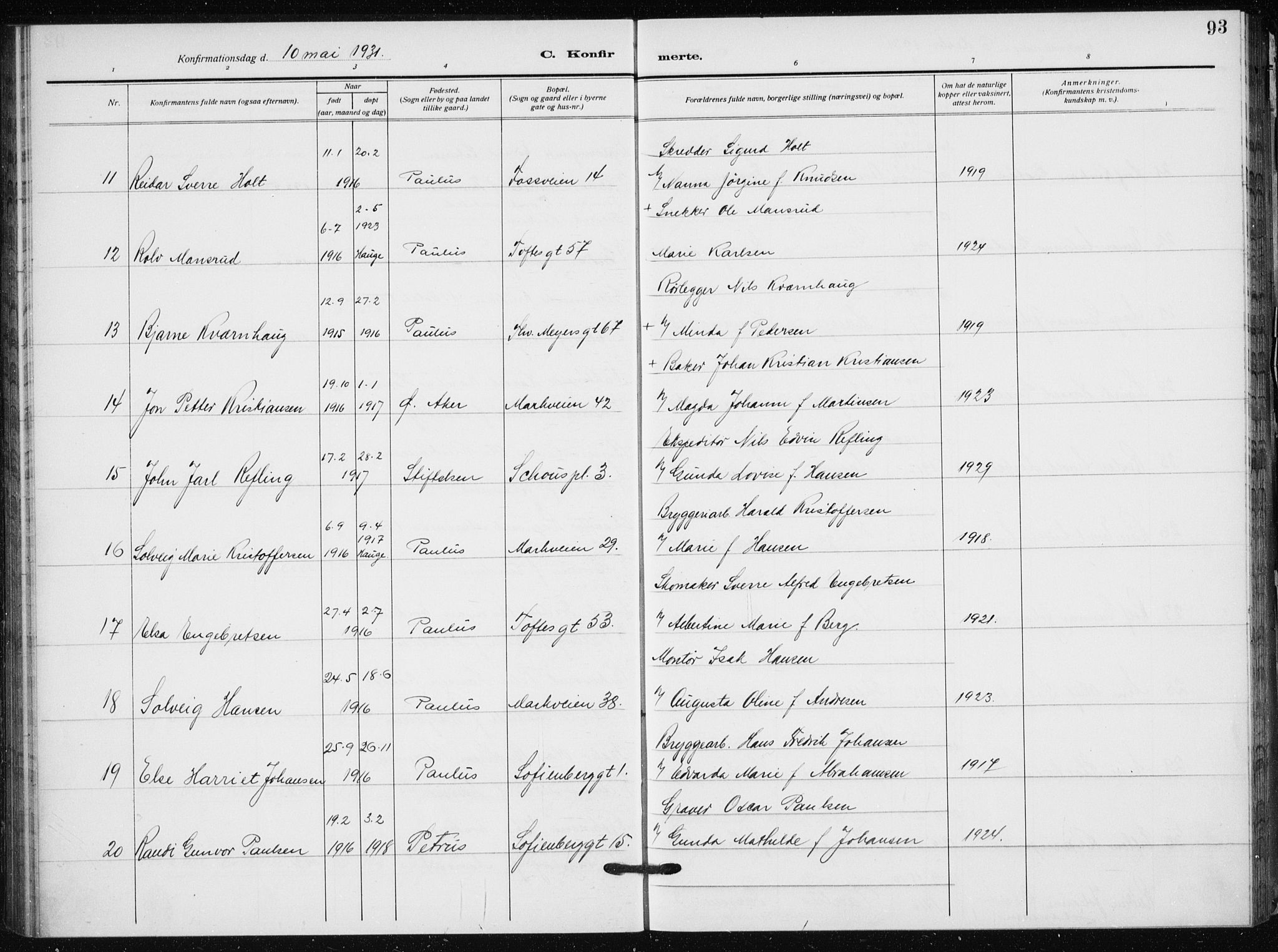 Hauge prestekontor Kirkebøker, AV/SAO-A-10849/F/Fa/L0002: Parish register (official) no. 2, 1917-1938, p. 93