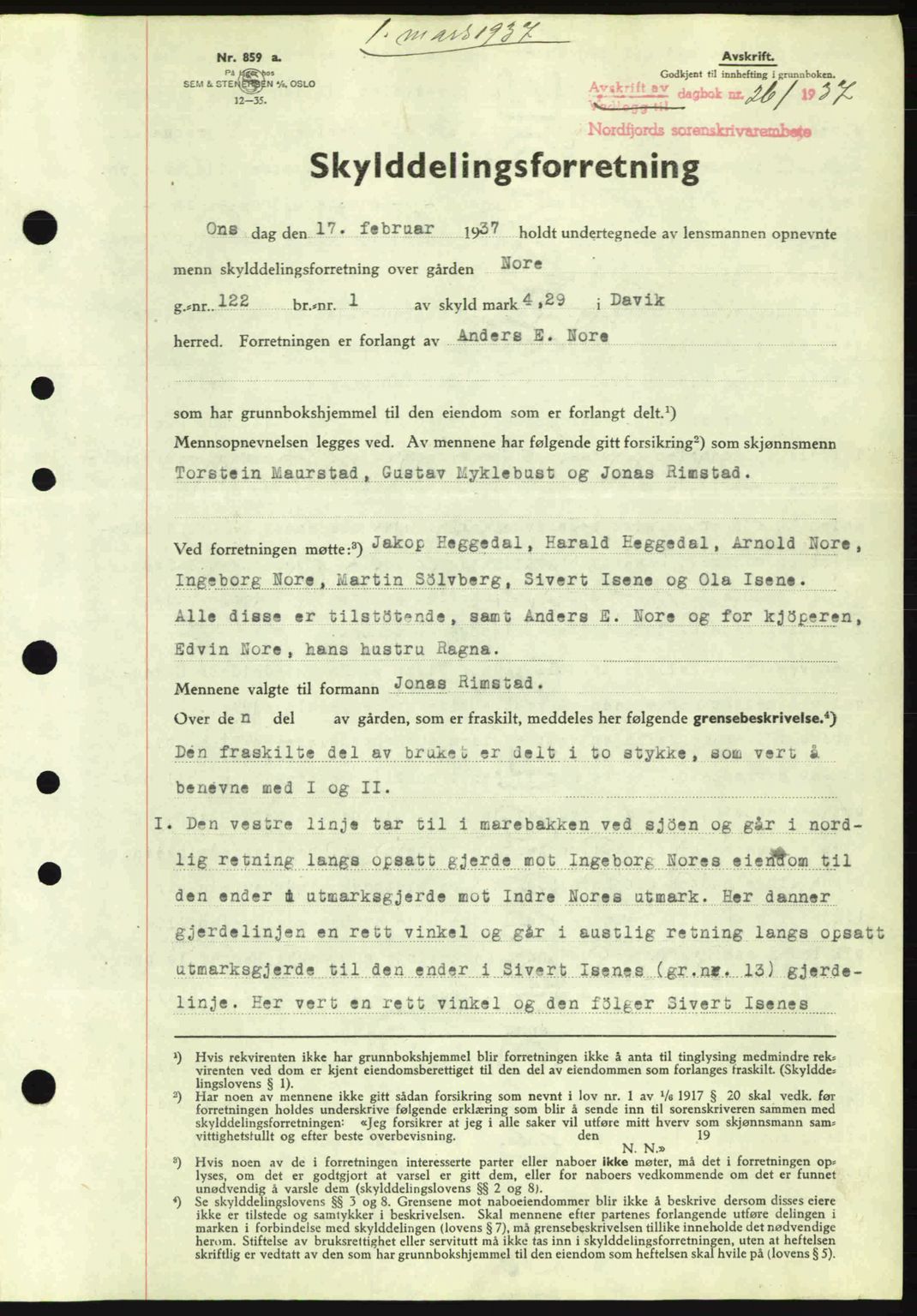 Nordfjord sorenskriveri, AV/SAB-A-2801/02/02b/02bj/L0001: Mortgage book no. A1, 1936-1937, Diary no: : 261/1937