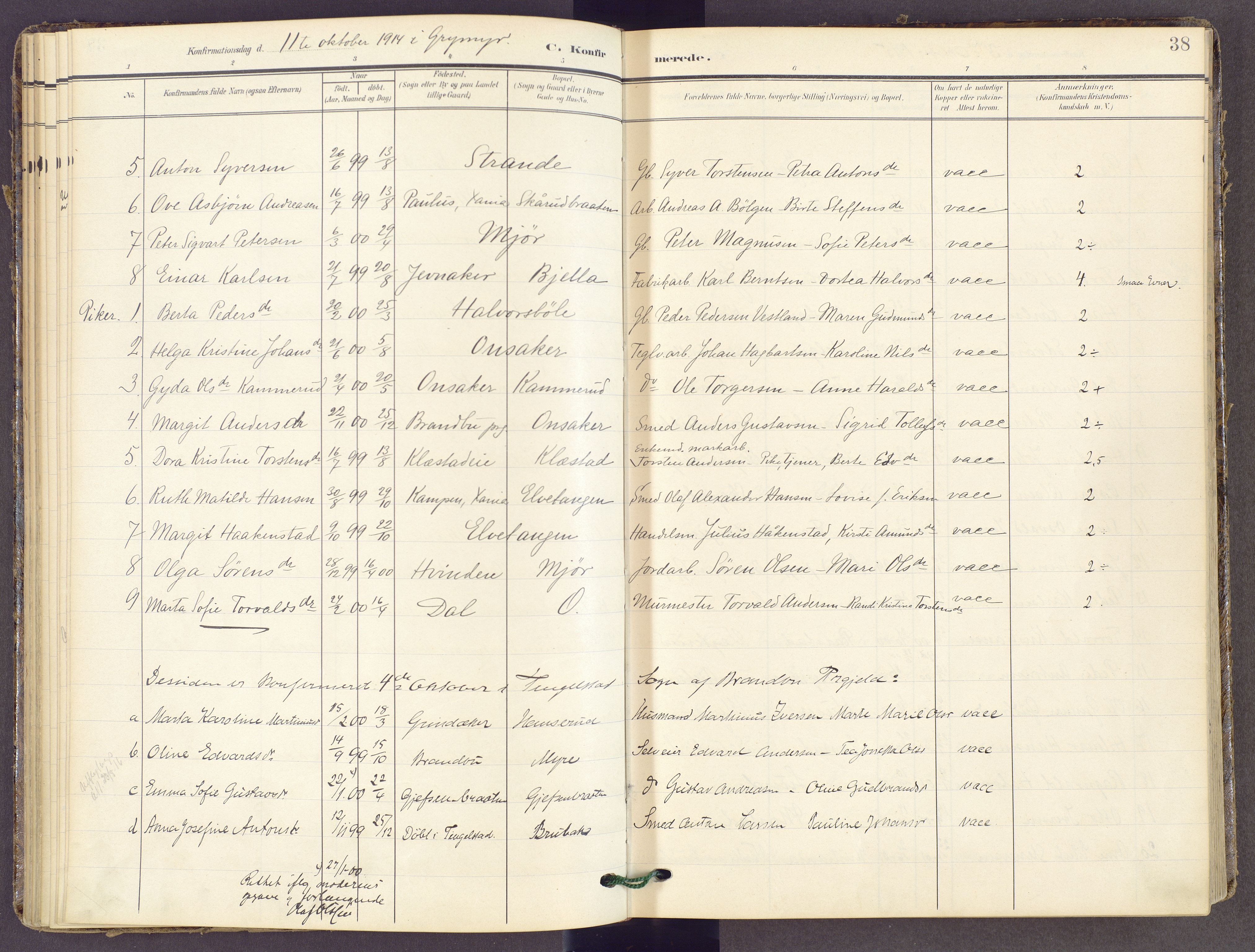 Gran prestekontor, AV/SAH-PREST-112/H/Ha/Haa/L0022: Parish register (official) no. 22, 1908-1918, p. 38