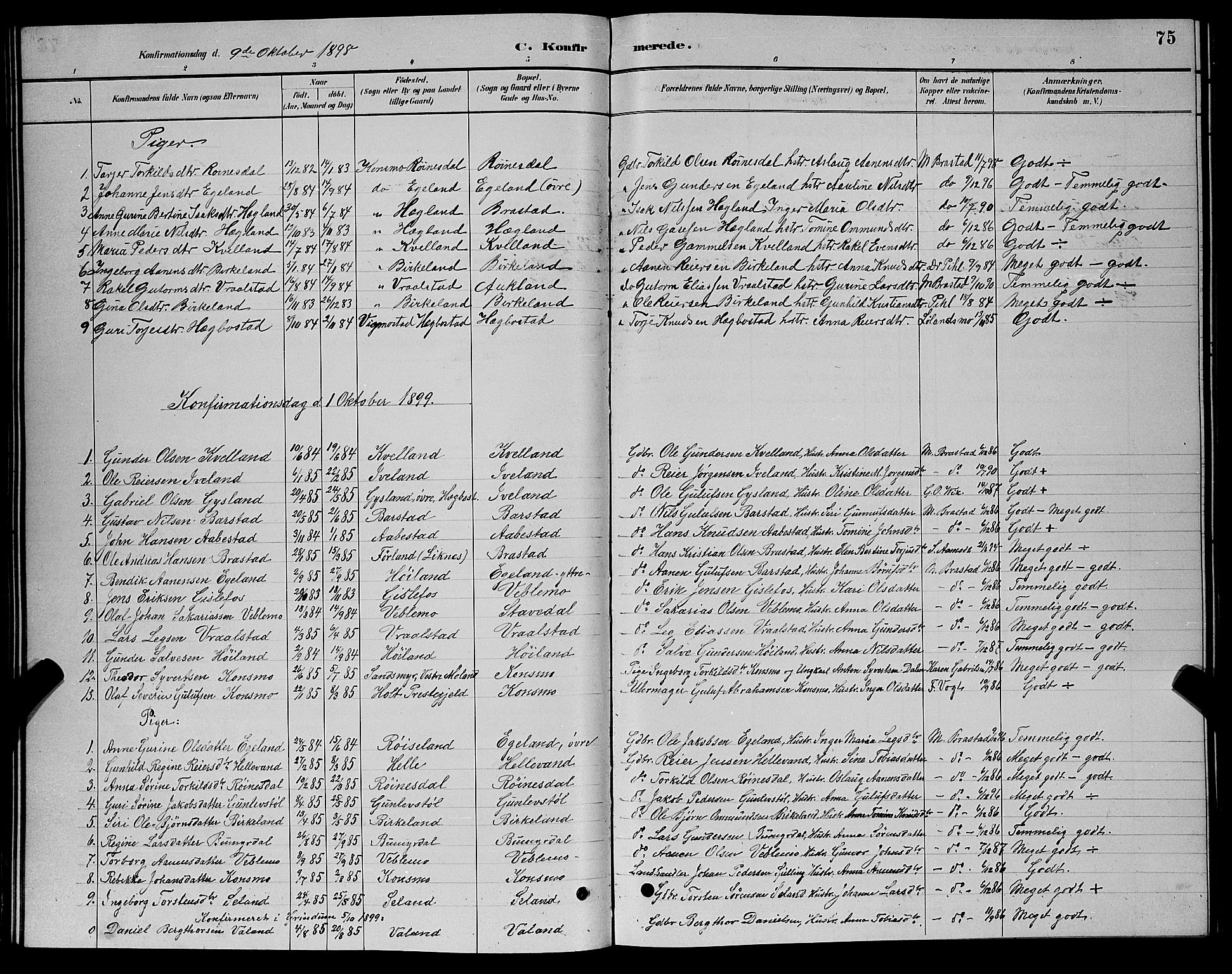 Nord-Audnedal sokneprestkontor, AV/SAK-1111-0032/F/Fb/Fba/L0003: Parish register (copy) no. B 3, 1881-1900, p. 75