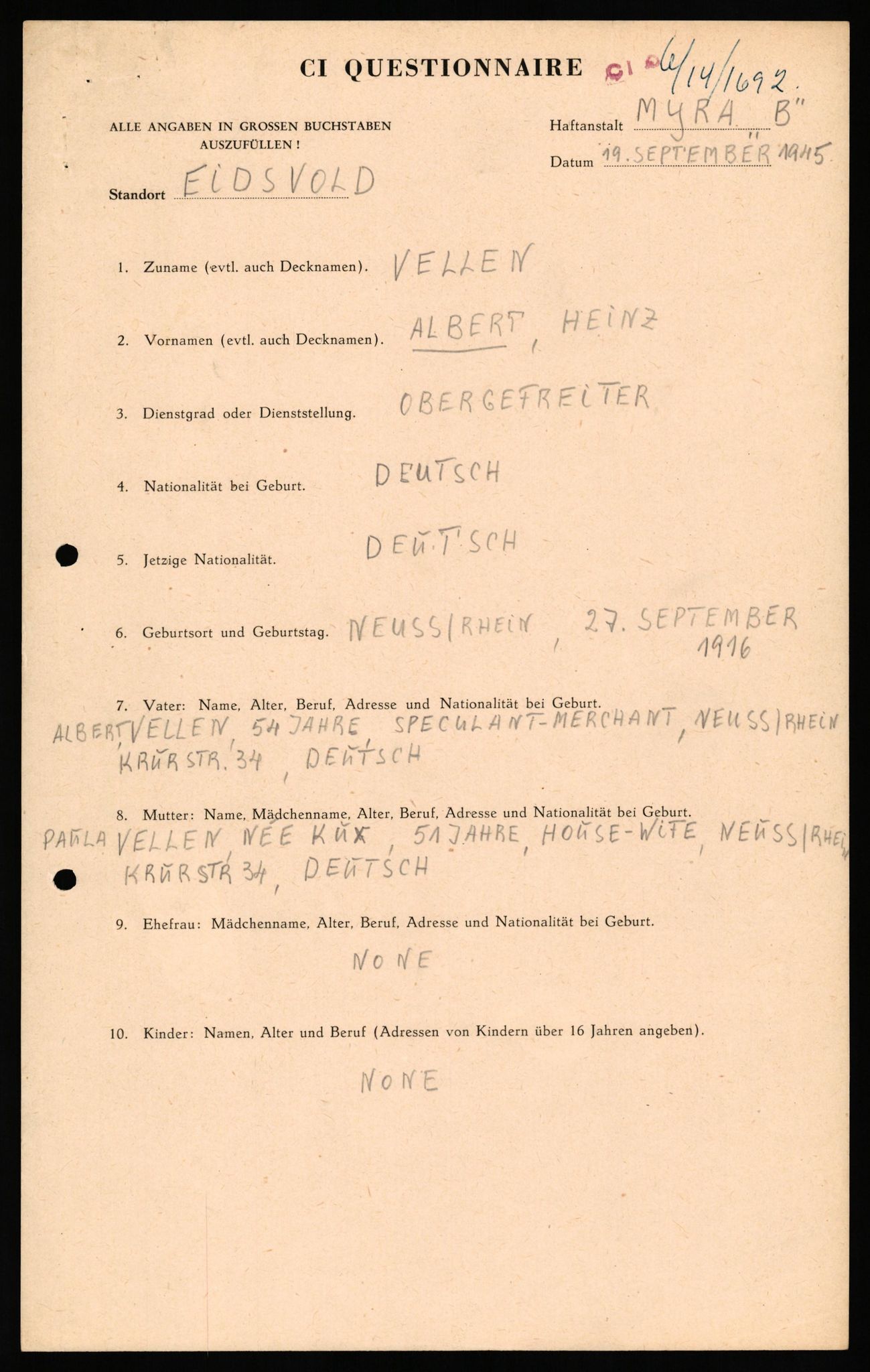 Forsvaret, Forsvarets overkommando II, AV/RA-RAFA-3915/D/Db/L0034: CI Questionaires. Tyske okkupasjonsstyrker i Norge. Tyskere., 1945-1946, p. 262