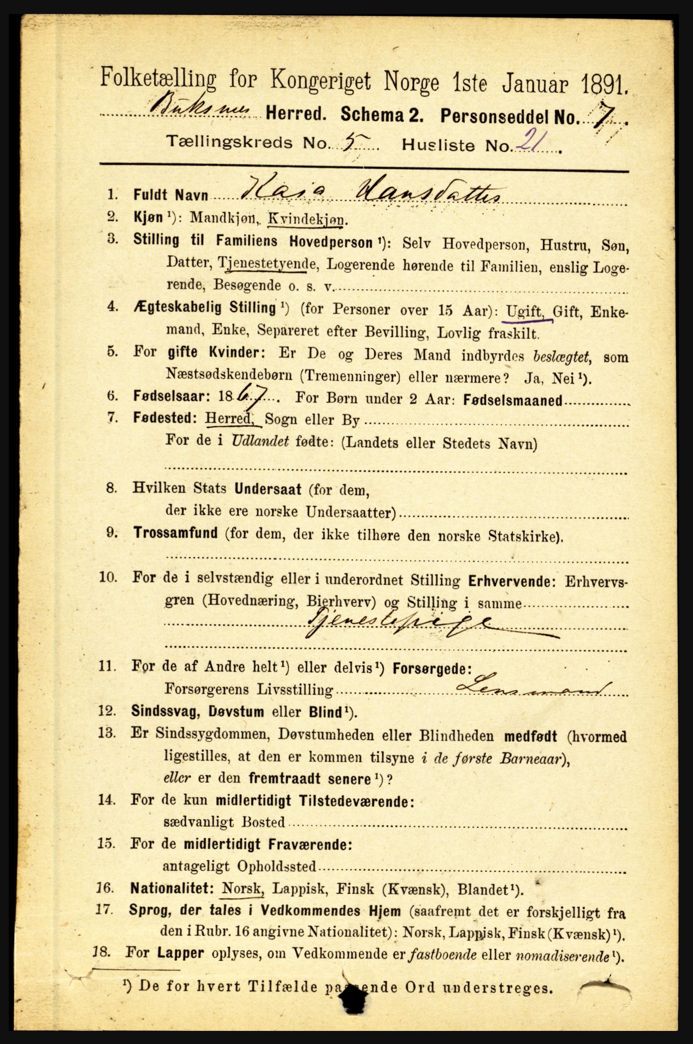 RA, 1891 census for 1860 Buksnes, 1891, p. 4003