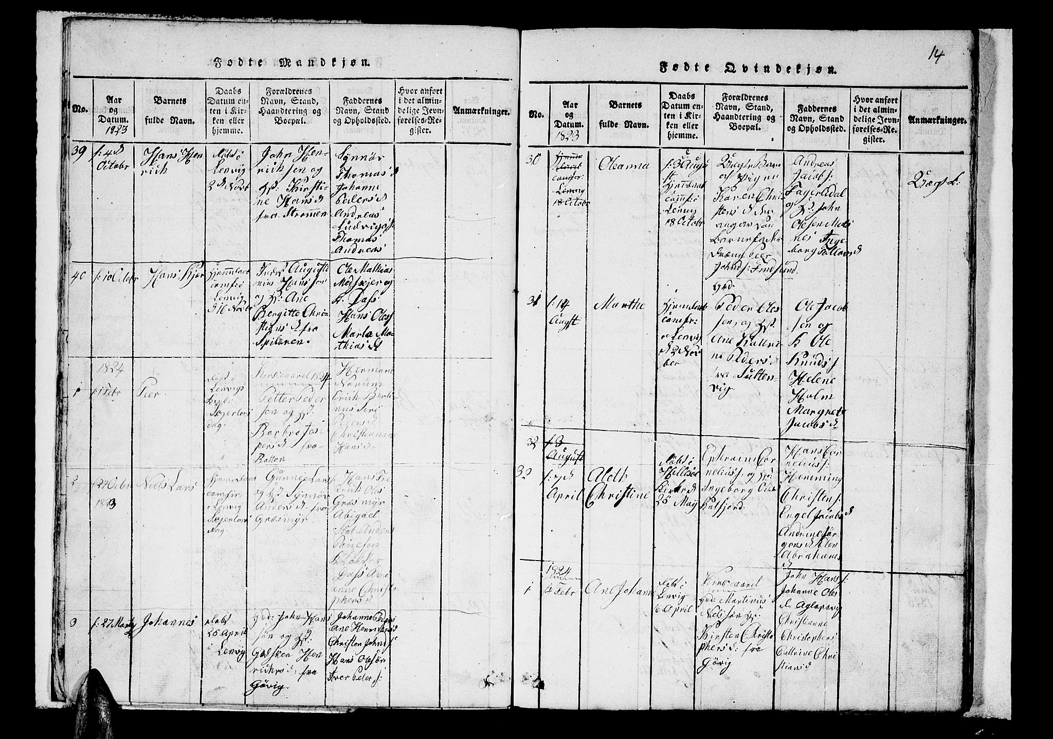 Lenvik sokneprestembete, SATØ/S-1310/H/Ha/Hab/L0001klokker: Parish register (copy) no. 1, 1822-1837, p. 14