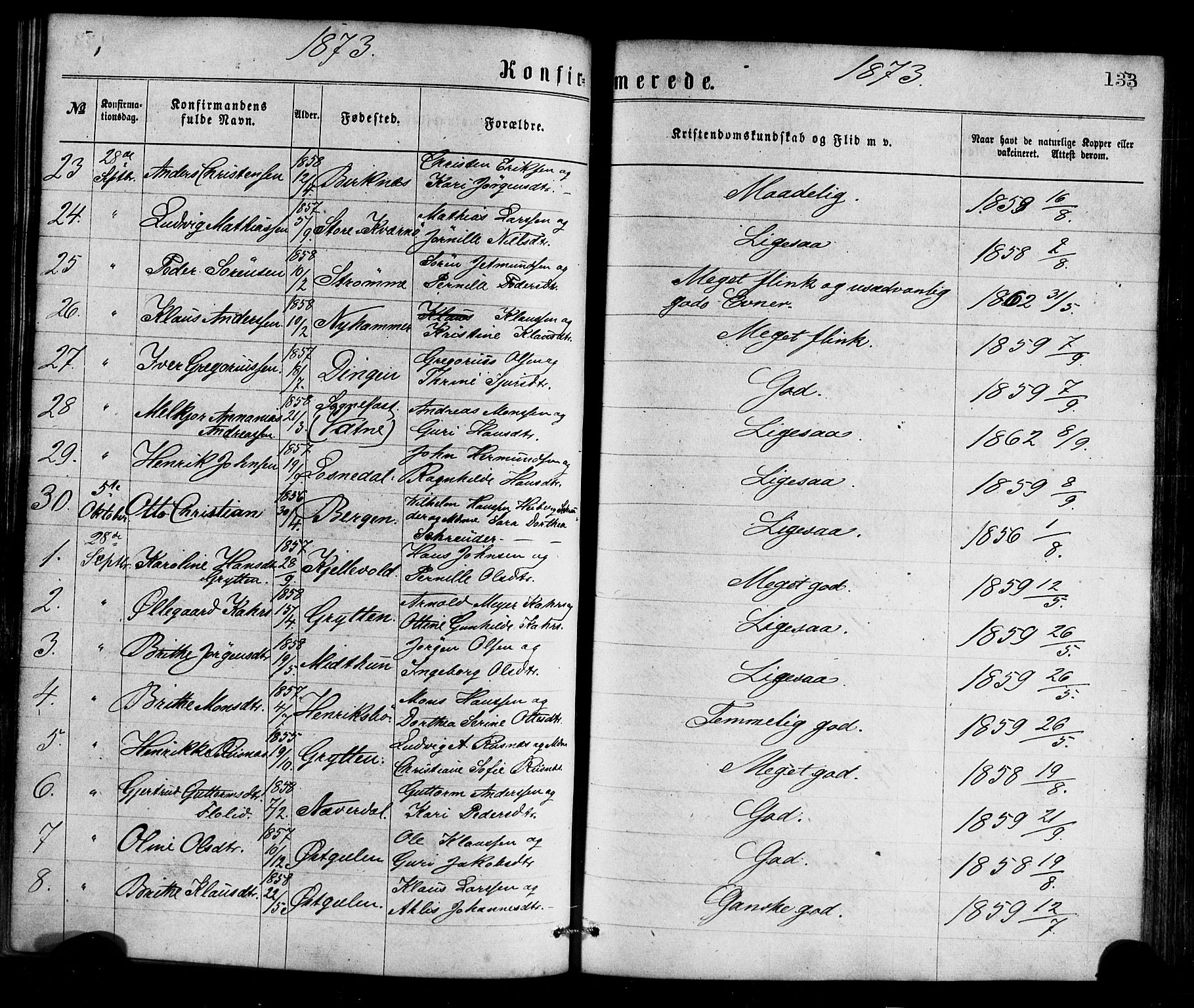 Gulen sokneprestembete, AV/SAB-A-80201/H/Haa/Haaa/L0023: Parish register (official) no. A 23, 1870-1880, p. 133