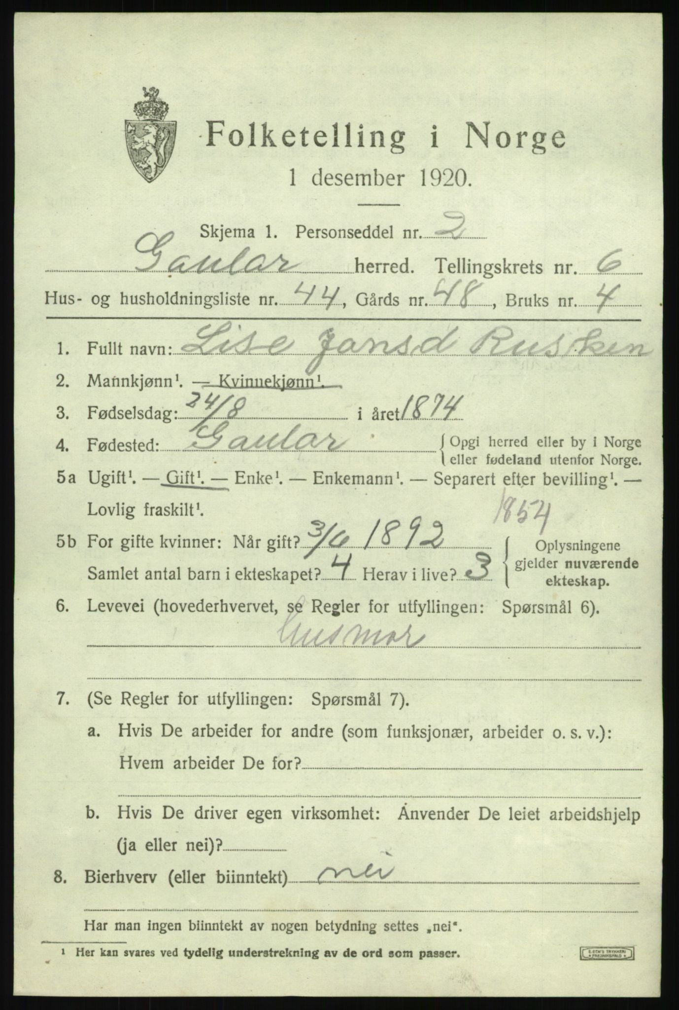 SAB, 1920 census for Gaular, 1920, p. 3436