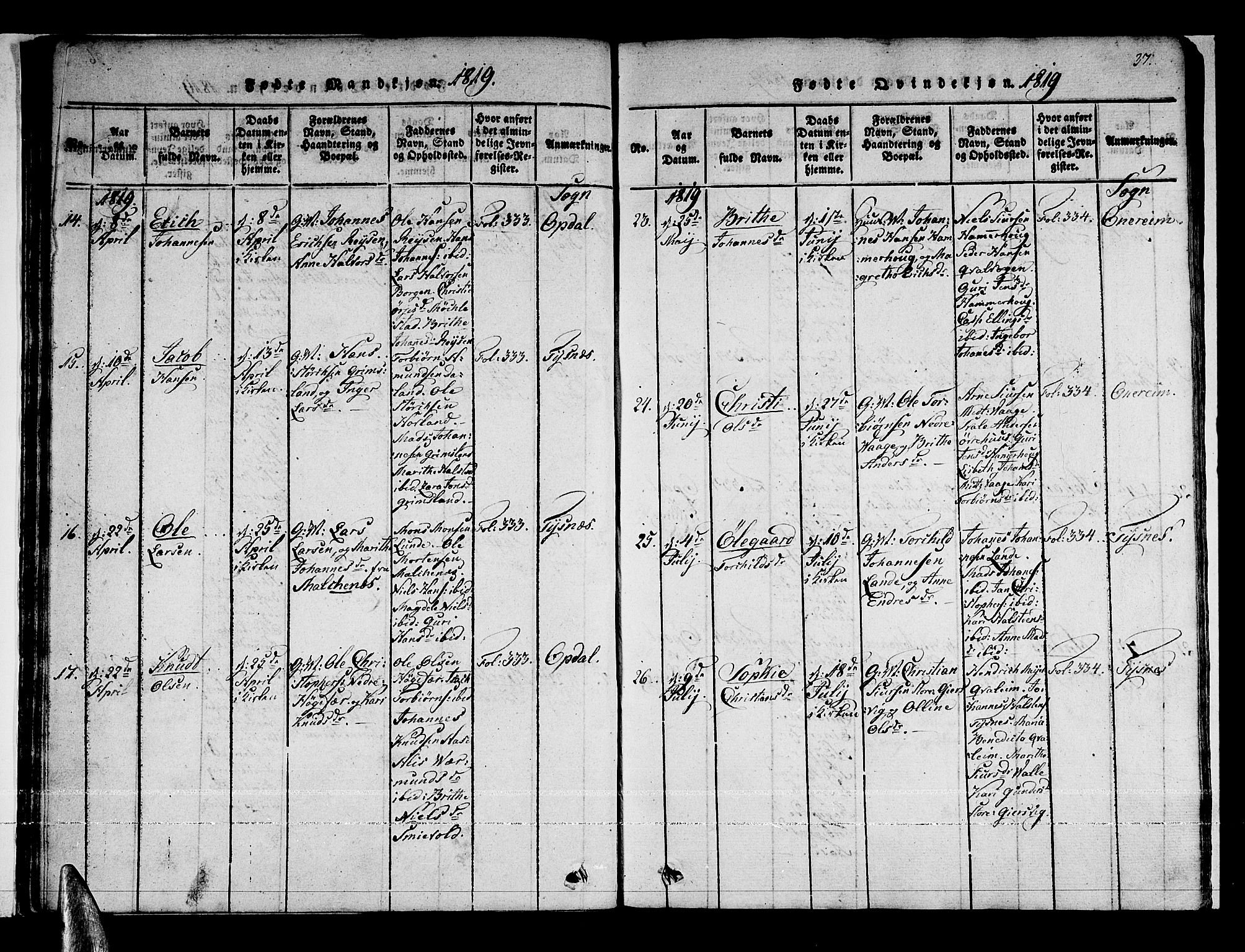 Tysnes sokneprestembete, AV/SAB-A-78601/H/Haa: Parish register (official) no. A 7, 1816-1826, p. 37