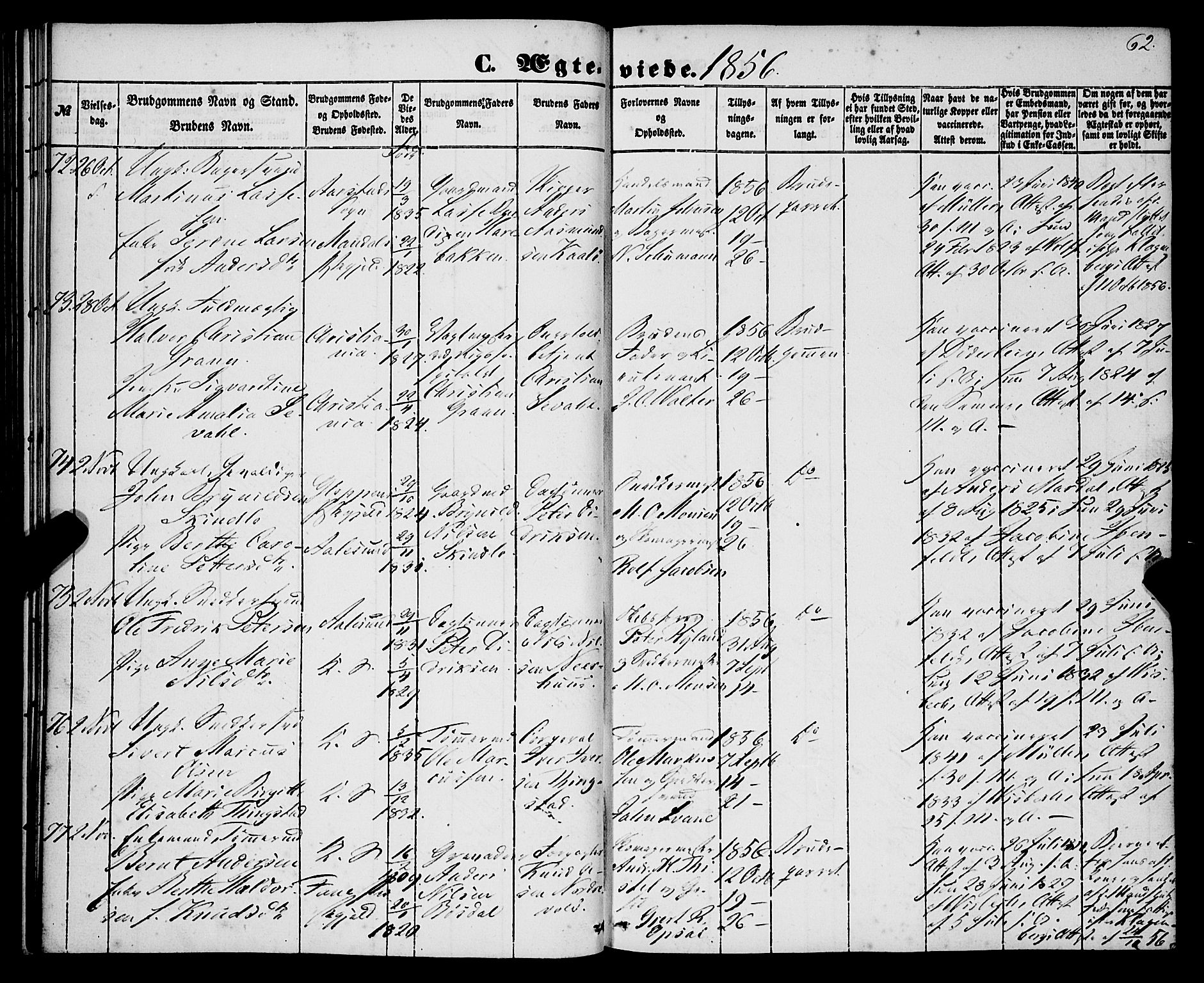 Korskirken sokneprestembete, SAB/A-76101/H/Haa/L0035: Parish register (official) no. D 2, 1852-1867, p. 62