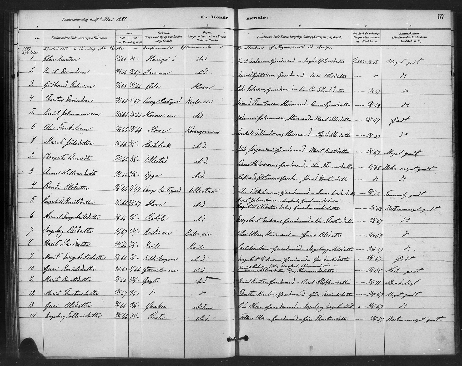 Vestre Slidre prestekontor, AV/SAH-PREST-136/H/Ha/Hab/L0006: Parish register (copy) no. 6, 1881-1915, p. 57