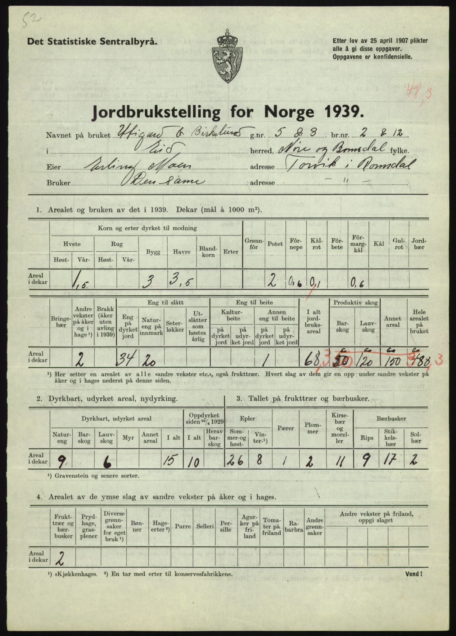 Statistisk sentralbyrå, Næringsøkonomiske emner, Jordbruk, skogbruk, jakt, fiske og fangst, AV/RA-S-2234/G/Gb/L0251: Møre og Romsdal: Voll, Eid, Grytten og Hen, 1939, p. 447