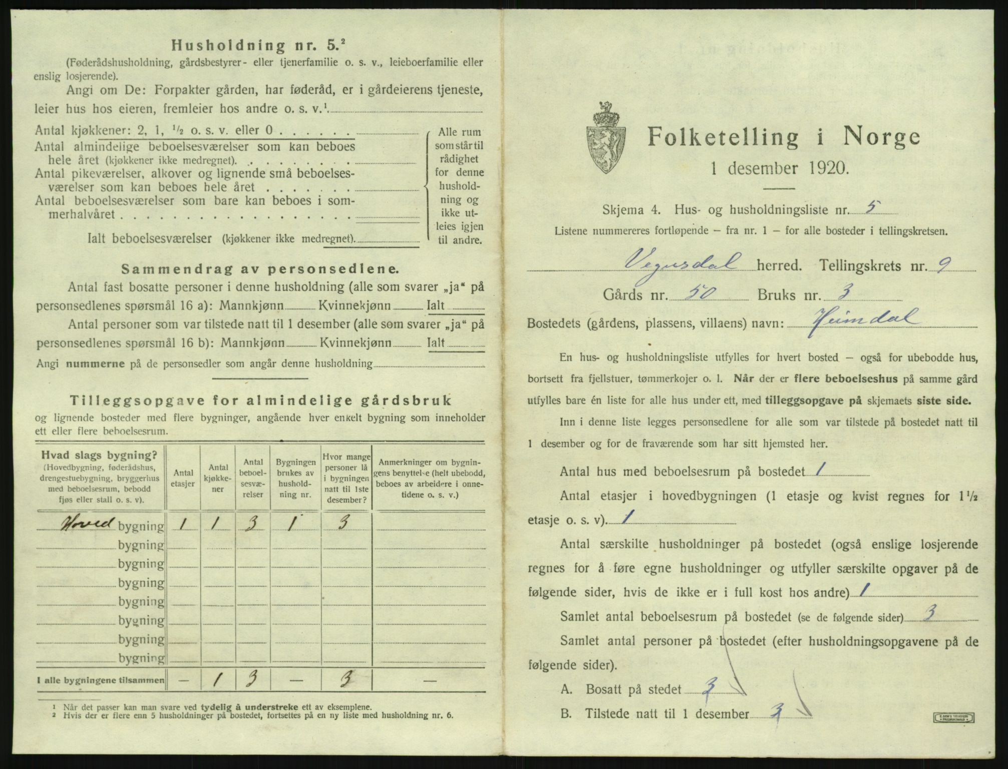 SAK, 1920 census for Vegusdal, 1920, p. 331