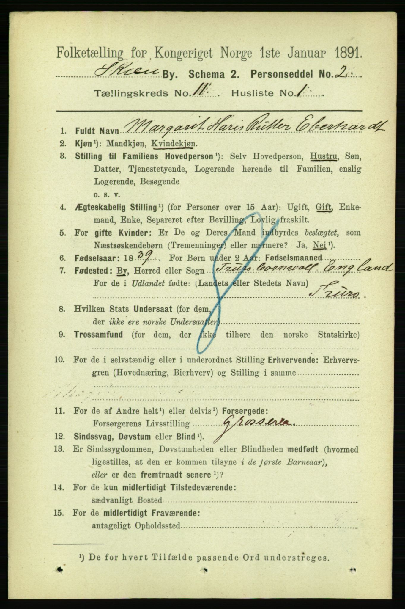 RA, 1891 census for 0806 Skien, 1891, p. 3855