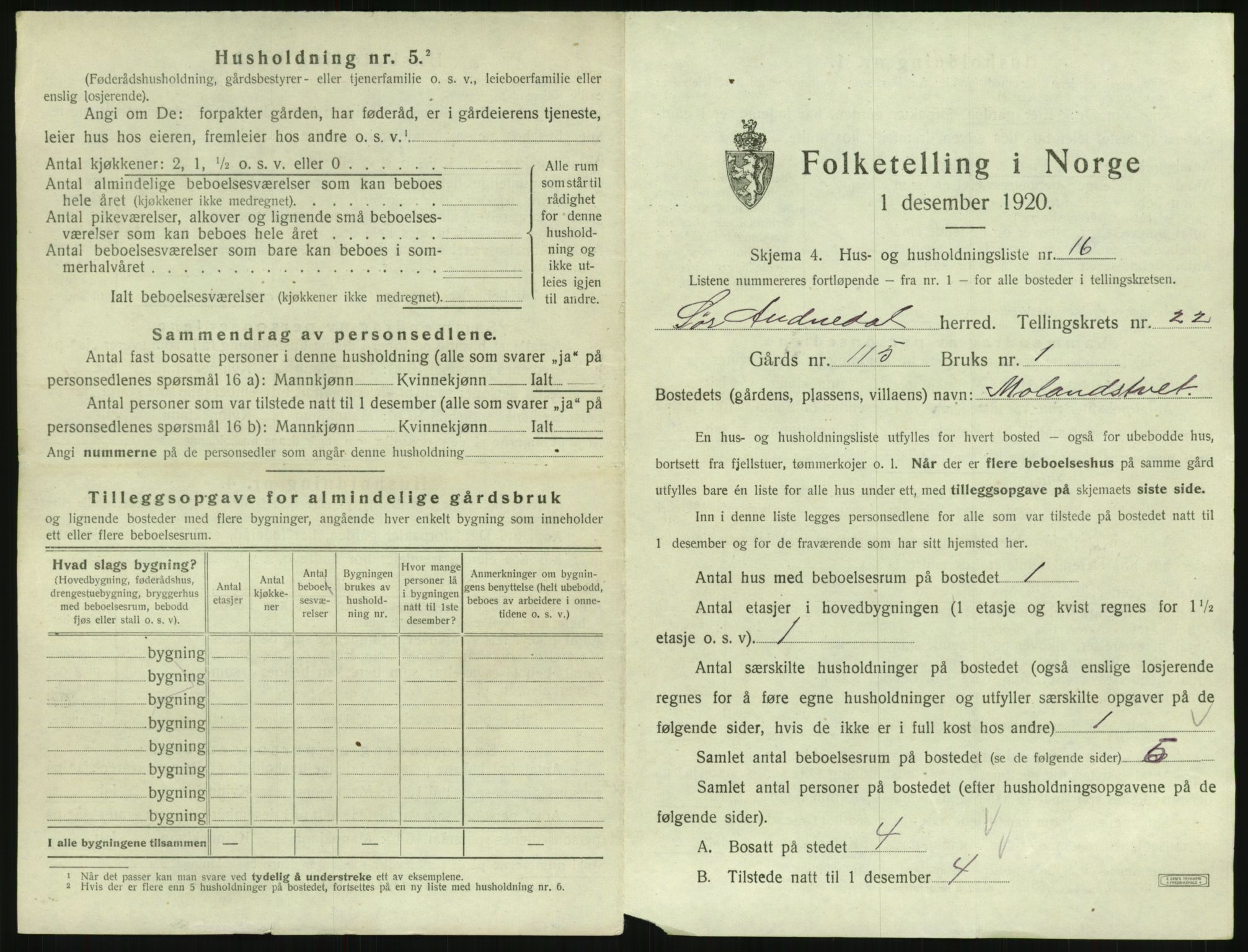 SAK, 1920 census for Sør-Audnedal, 1920, p. 1463