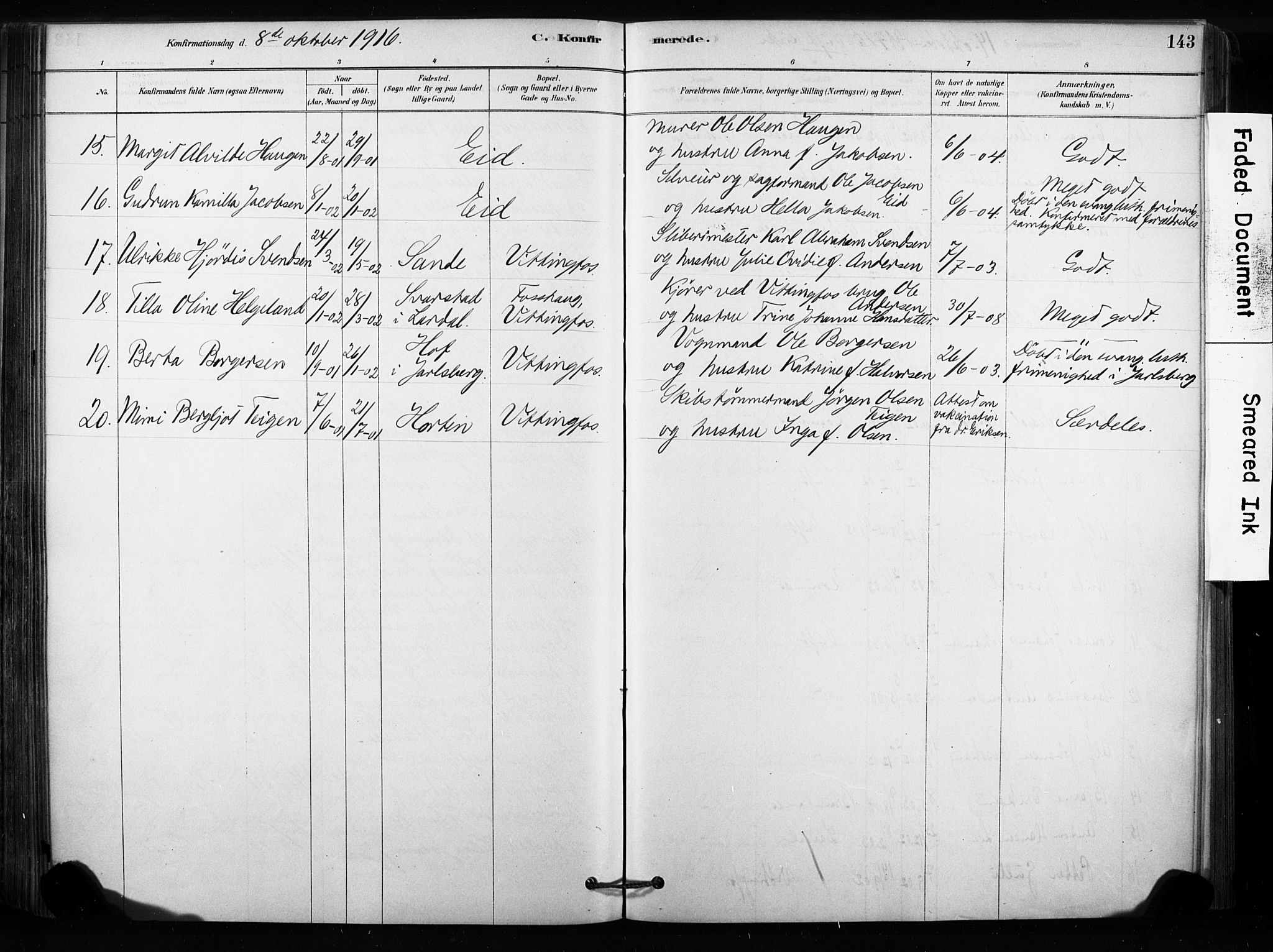 Sandsvær kirkebøker, AV/SAKO-A-244/F/Fc/L0001: Parish register (official) no. III 1, 1878-1923, p. 143