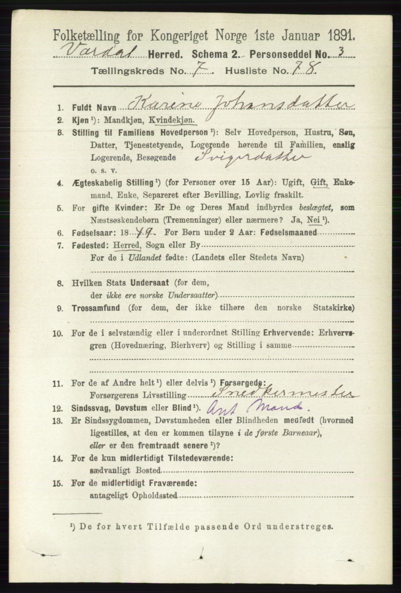 RA, 1891 census for 0527 Vardal, 1891, p. 3529