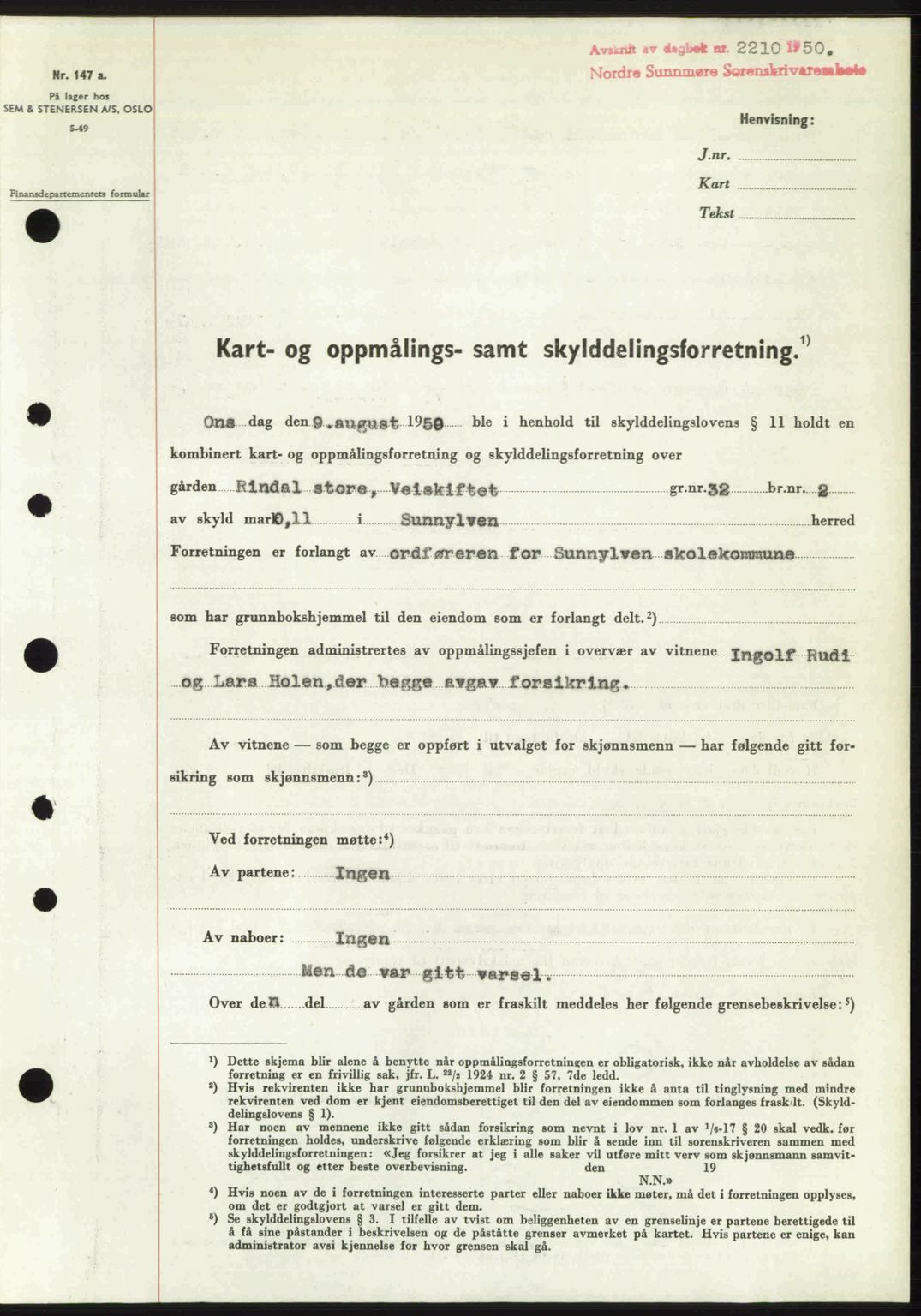 Nordre Sunnmøre sorenskriveri, AV/SAT-A-0006/1/2/2C/2Ca: Mortgage book no. A36, 1950-1950, Diary no: : 2210/1950