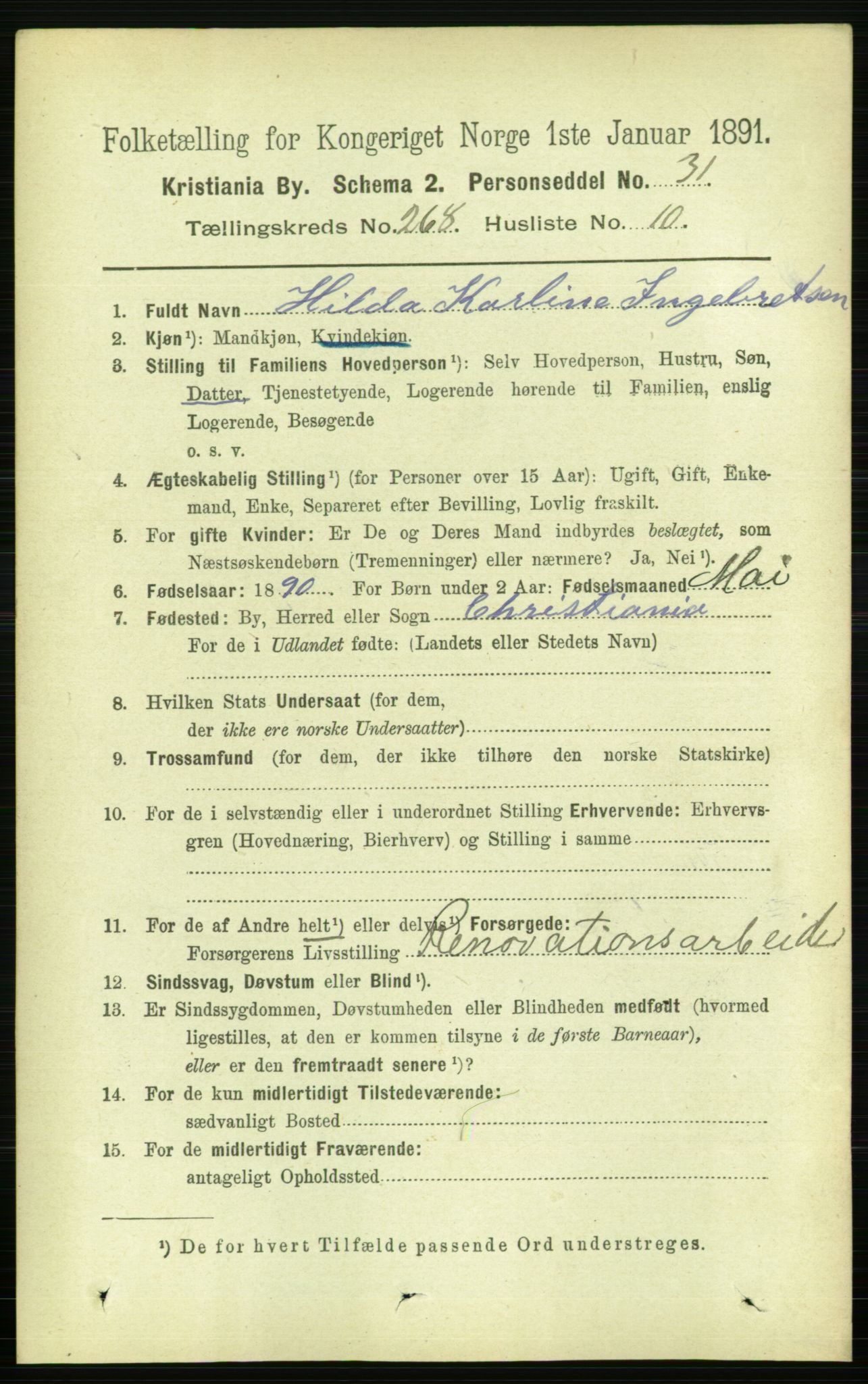 RA, 1891 census for 0301 Kristiania, 1891, p. 162284