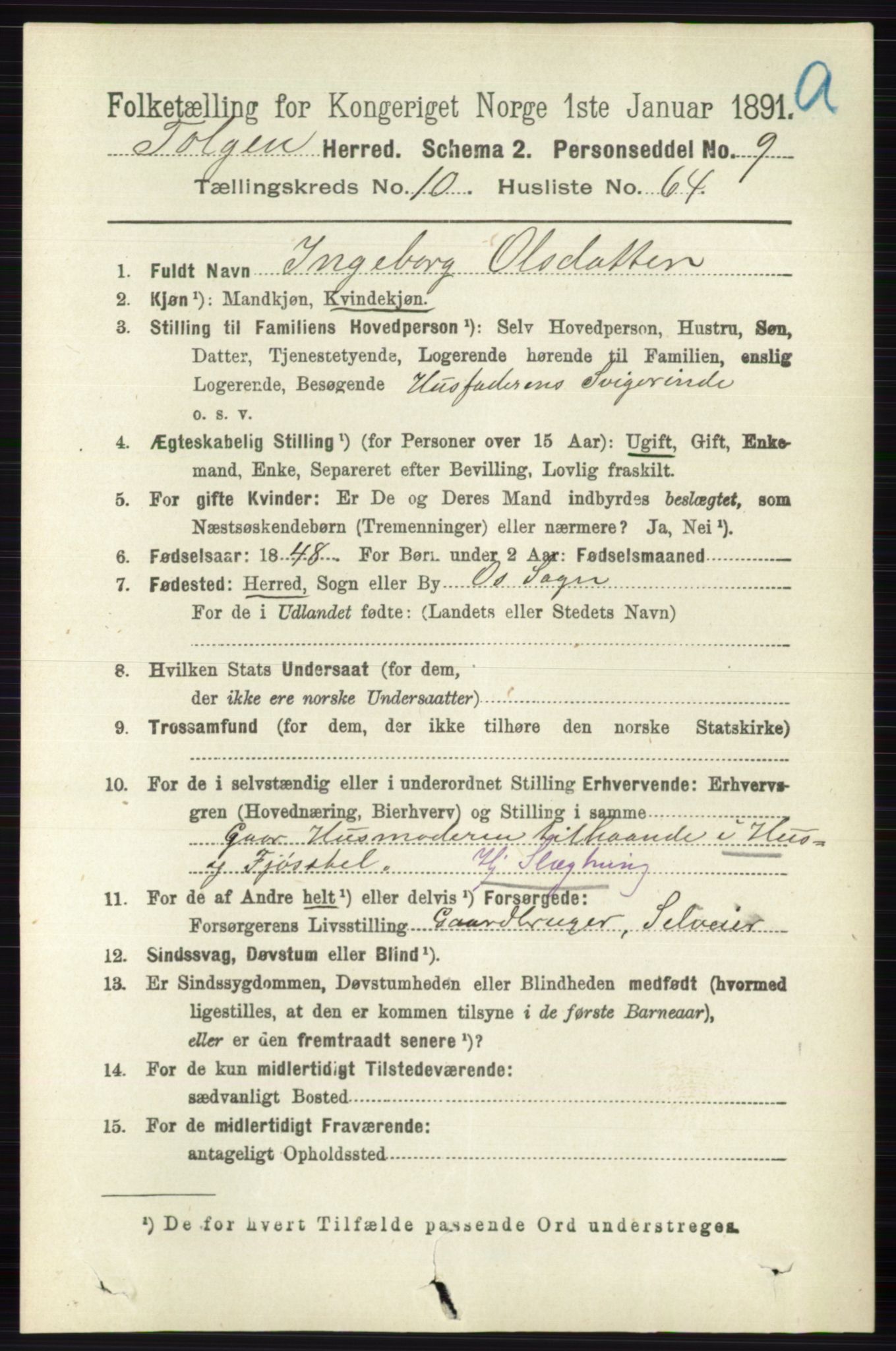 RA, 1891 census for 0436 Tolga, 1891, p. 3023